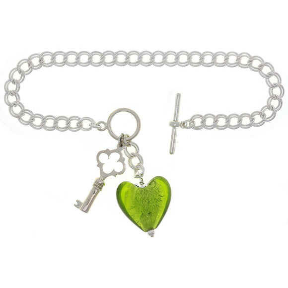 925 Sterling Silver Key & Green Heart Murano Glass Link Charm Bracelet 7