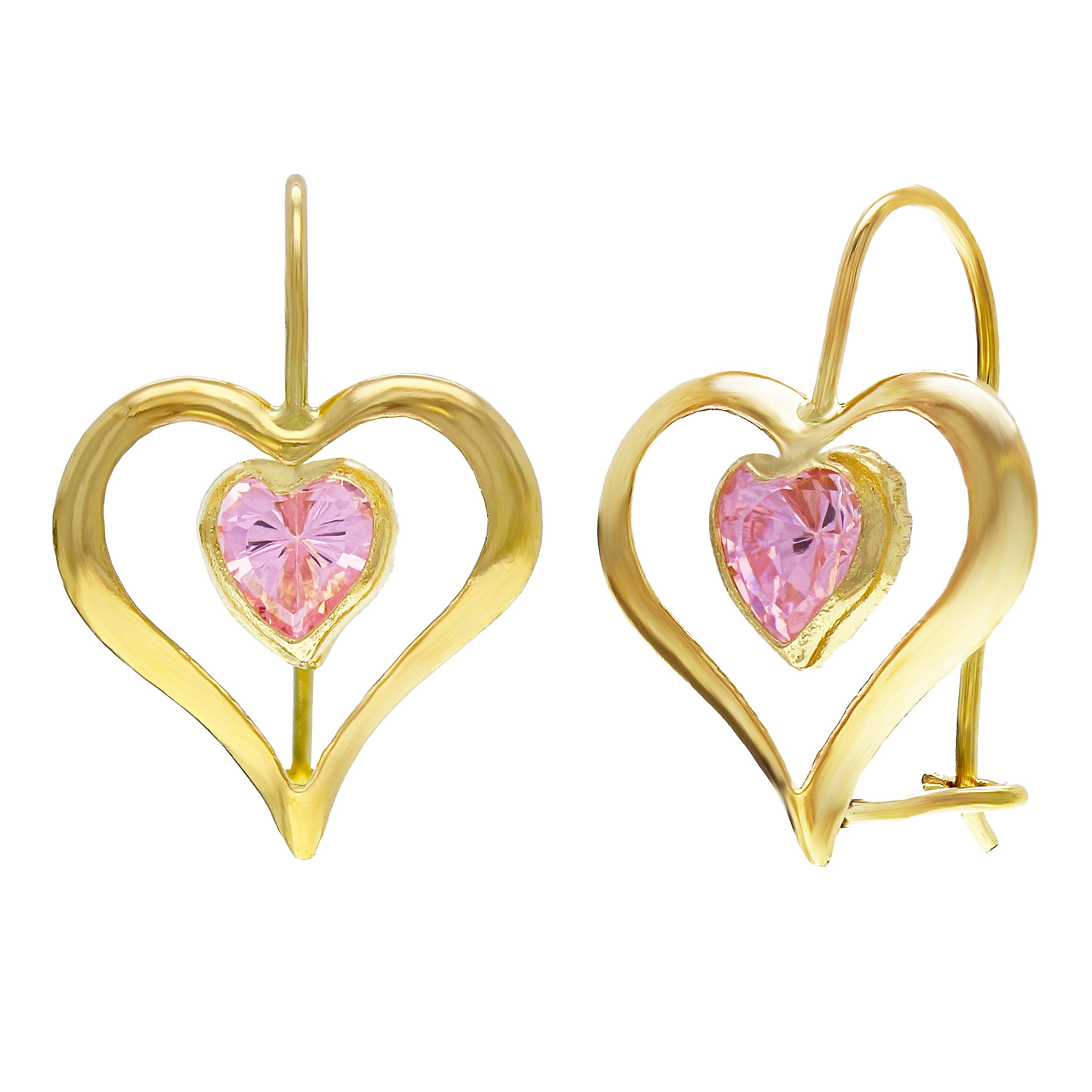 14k Yellow Gold Pink Ice Crystal Heart Dangle Kidney Wire Earrings
