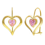 14k Yellow Gold Pink Ice Crystal Heart Dangle Kidney Wire Earrings
