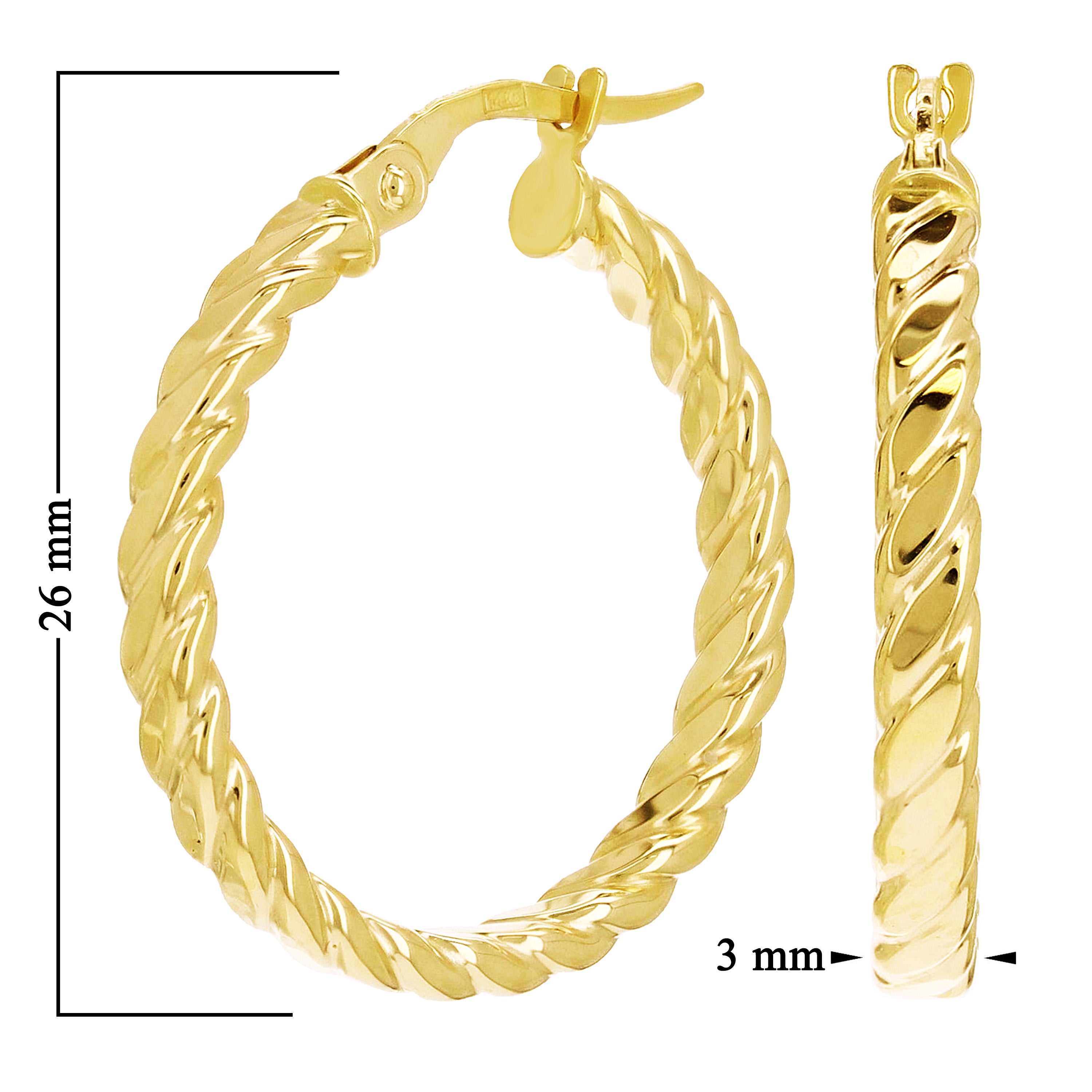 Italian 14k Yellow Gold Hollow Flat Rope Hoop Earrings 1" 3mm 2.8 grams