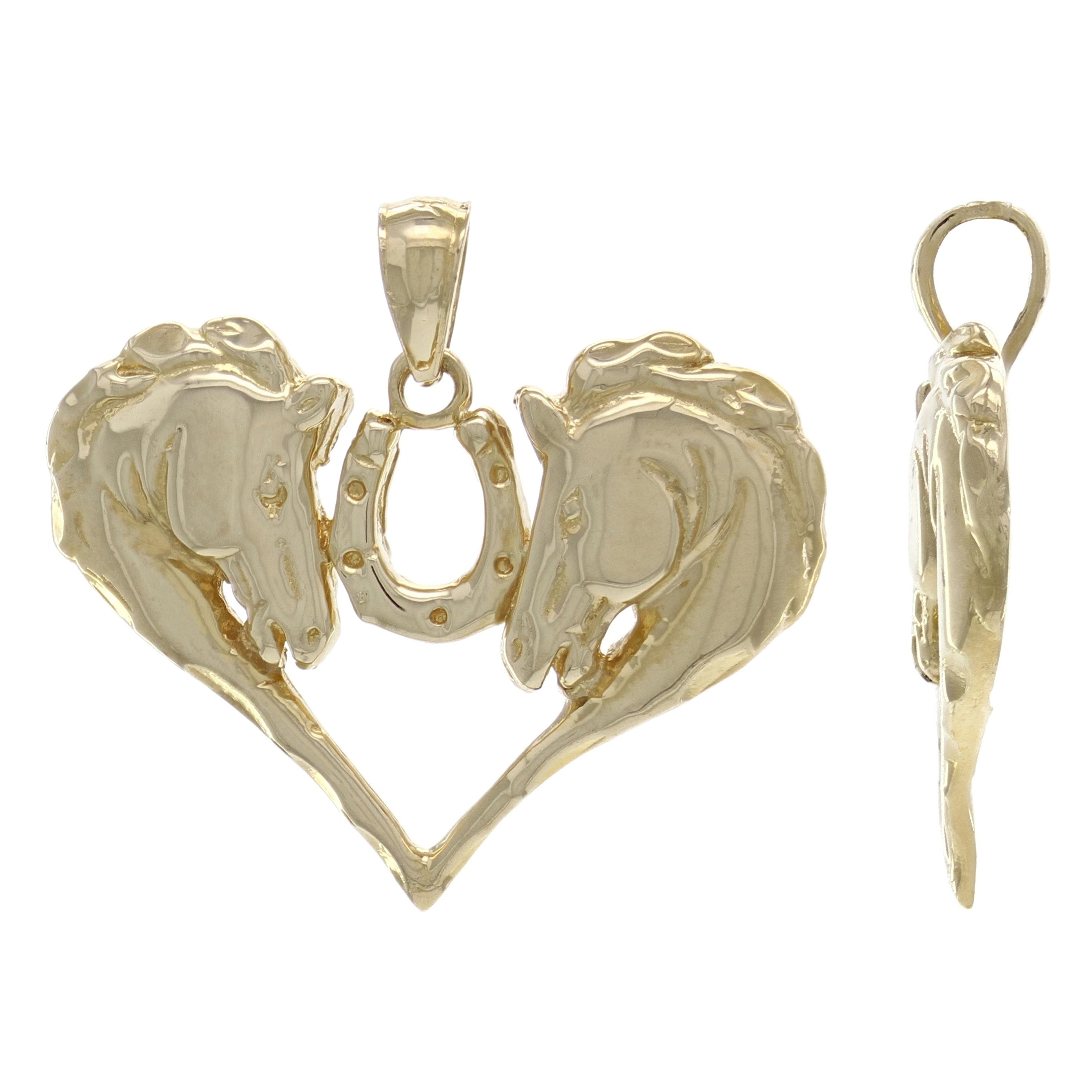 14k Yellow Gold Horse Face Horse Shoe Horse Head Heart Charm Pendant 4.7 grams