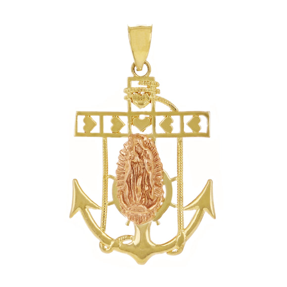 14k Two Tone Gold Lady of Guadalupe Heart Anchor Mariner Pendant 1.3