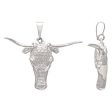 14k White Gold Detailed Cow Head Texas Long Horn Bull Head Pendant 6.6grams - White