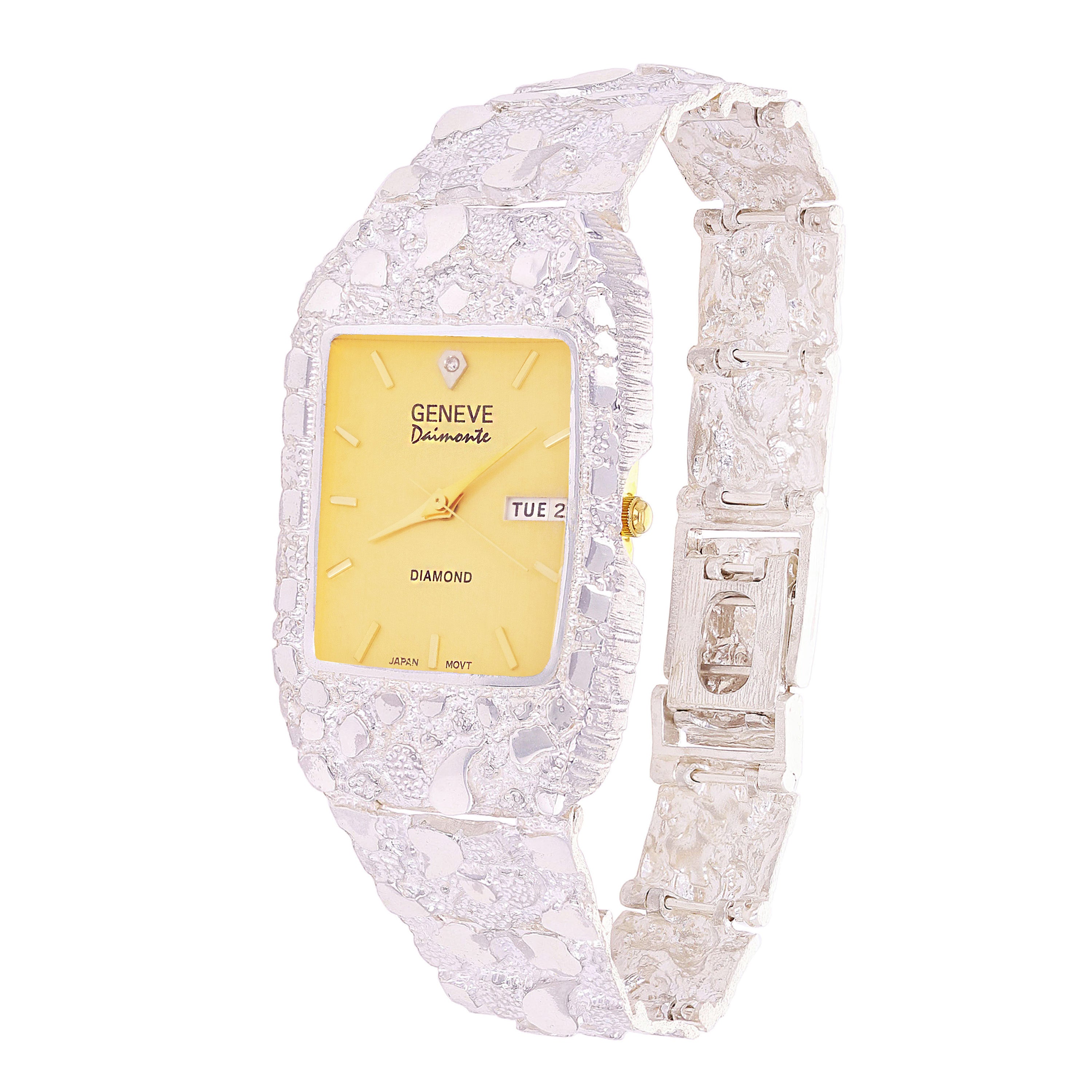 925 Sterling Silver Nugget Band Bracelet Geneve with Diamond Watch 7" - 9"