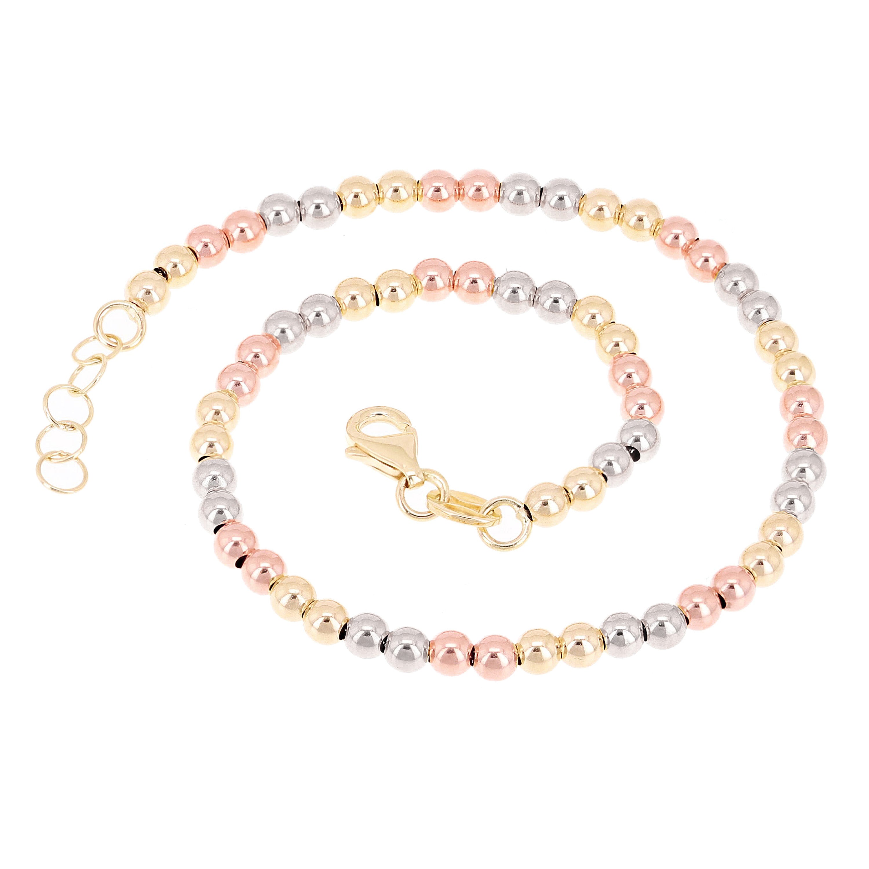 Italian 14k Tri Color Gold Hollow Ball Bead Bracelet 8" 3mm 3 grams - Tri-Color