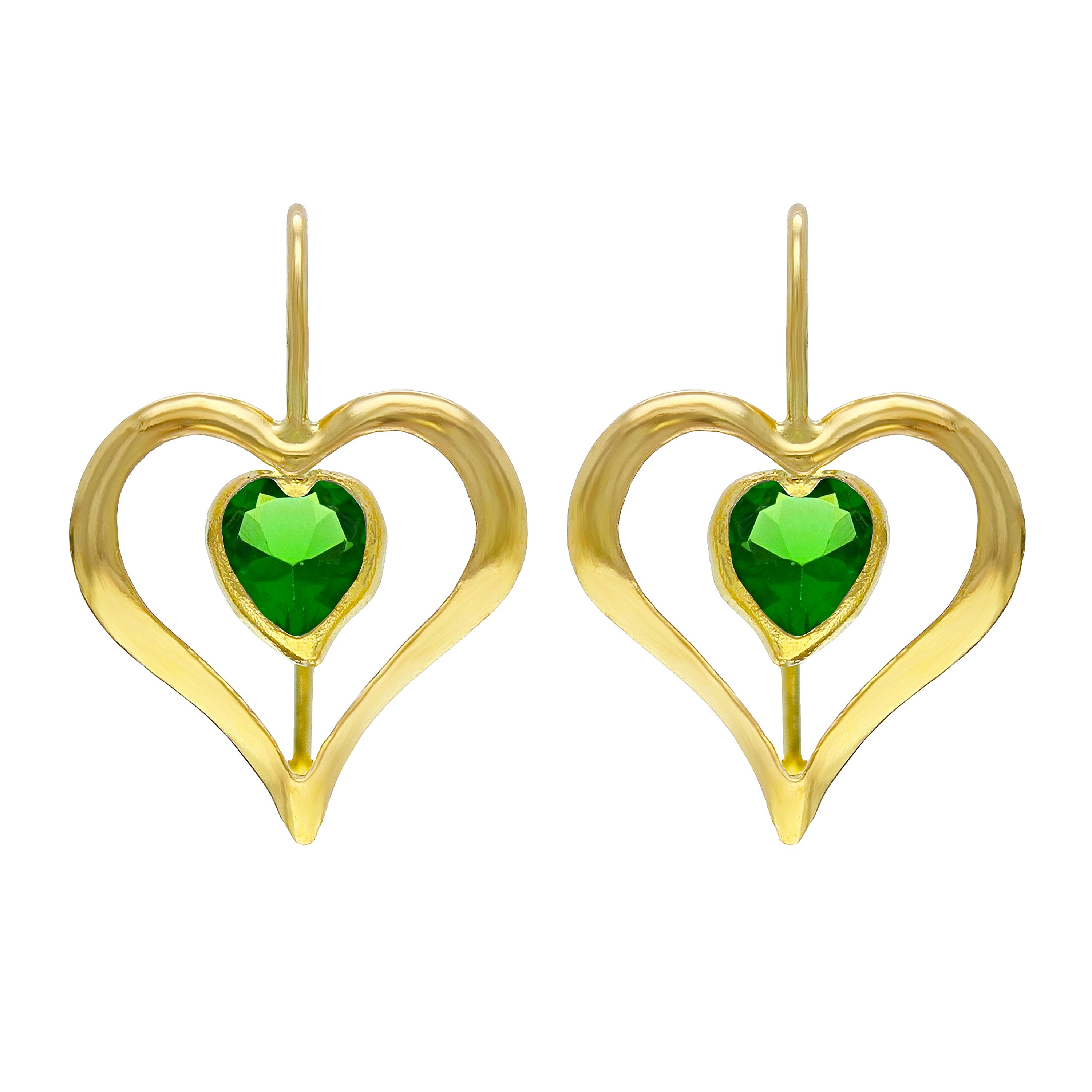 14k Yellow Gold Vibrant Green Crystal Heart Dangle Earrings