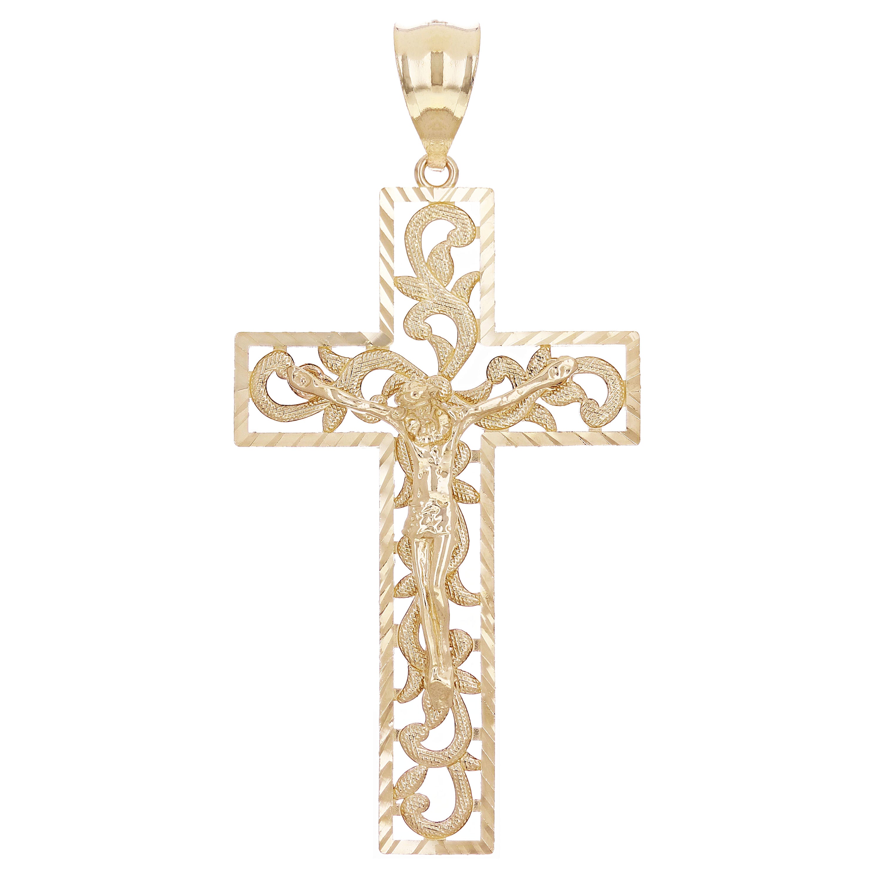 14k Yellow Gold Filigree Diamond Cut Jesus Cross Crucifix Pendant 2.4" 5.9 grams