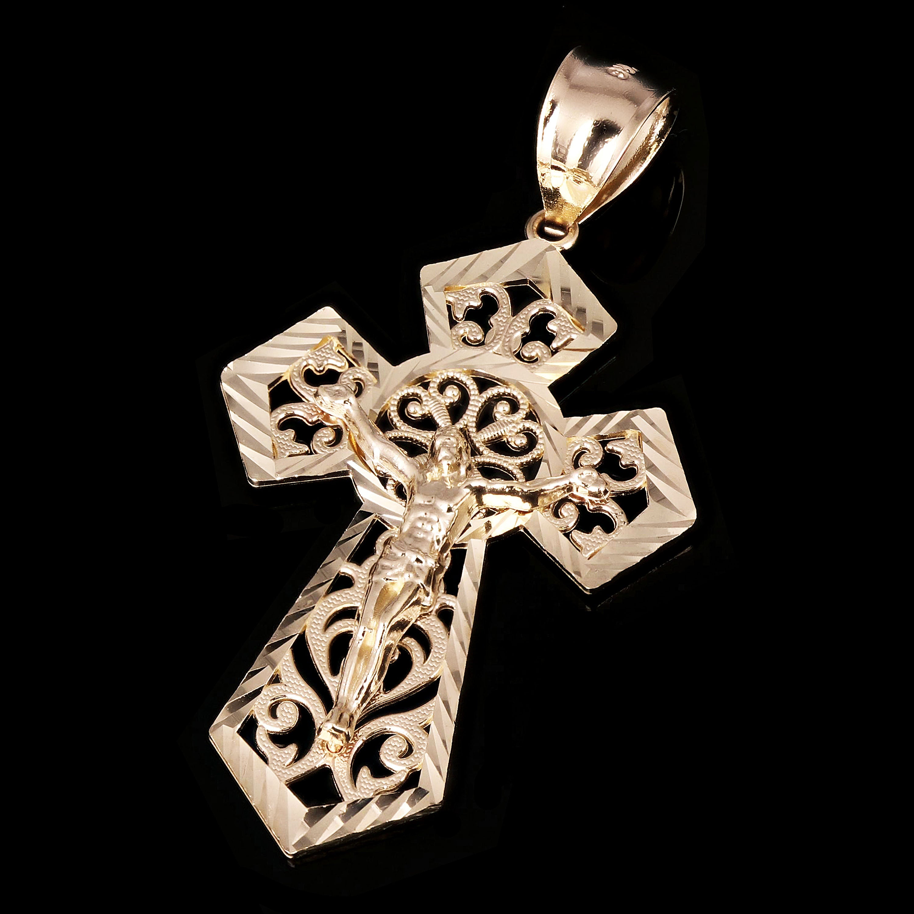 14k Yellow Gold Diamond-Cut Ornate Gothic Crucifix Cross Pendant Charm 2" 4.9g