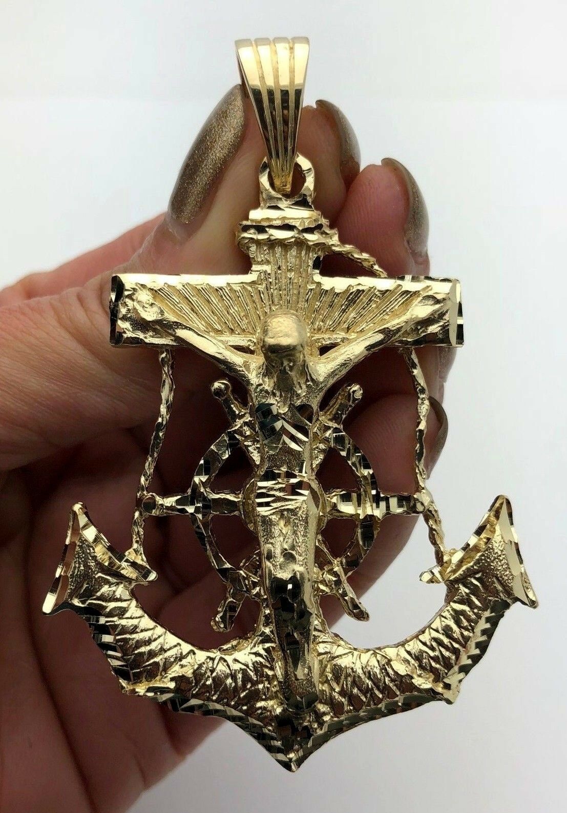 14k Yellow Gold Solid Big Anchor Mariner Cross Jesus Crucifix Pendant 2.9" 34.1g