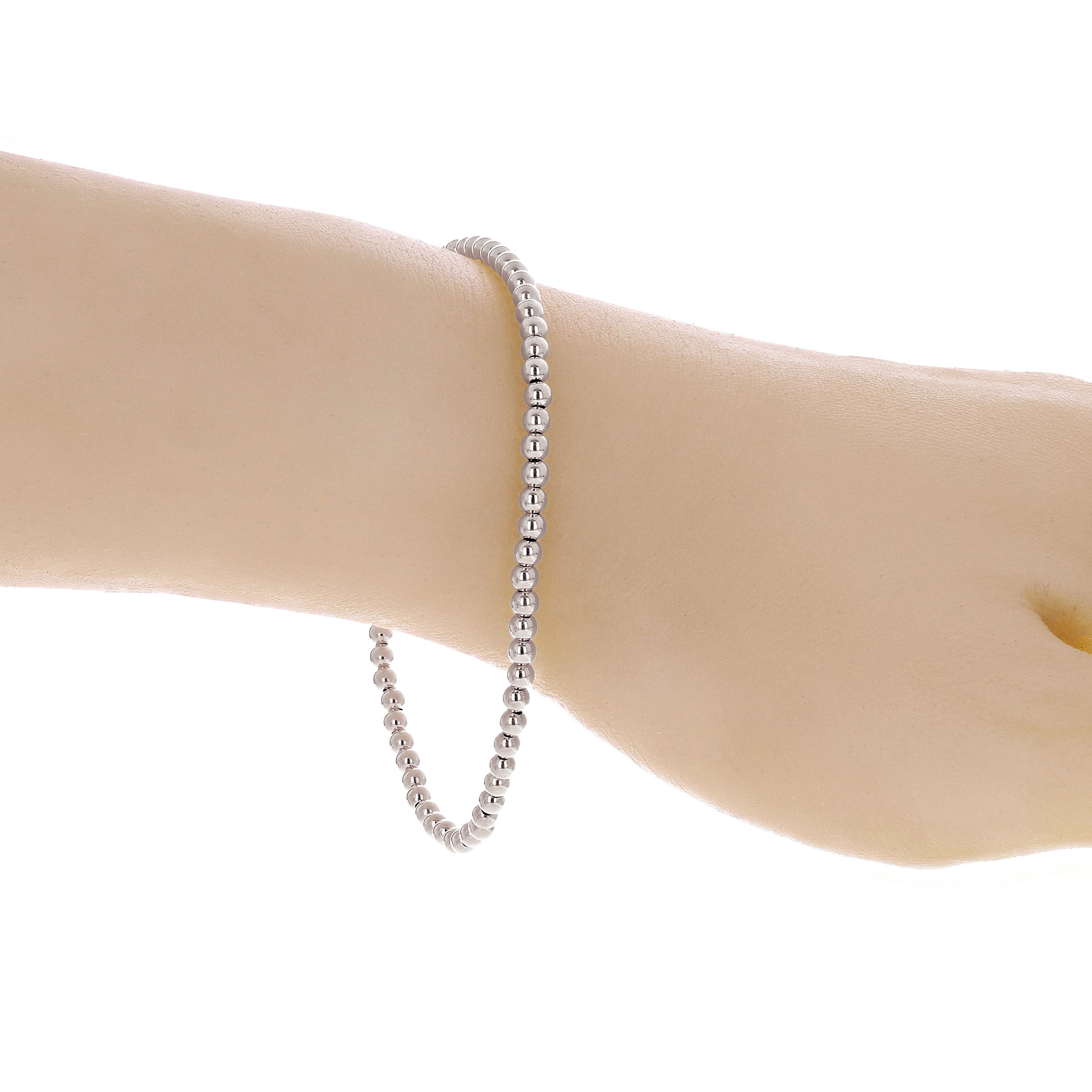 Italian 14k White Gold Hollow Ball Bead Bracelet 8" 3mm 3 grams - White
