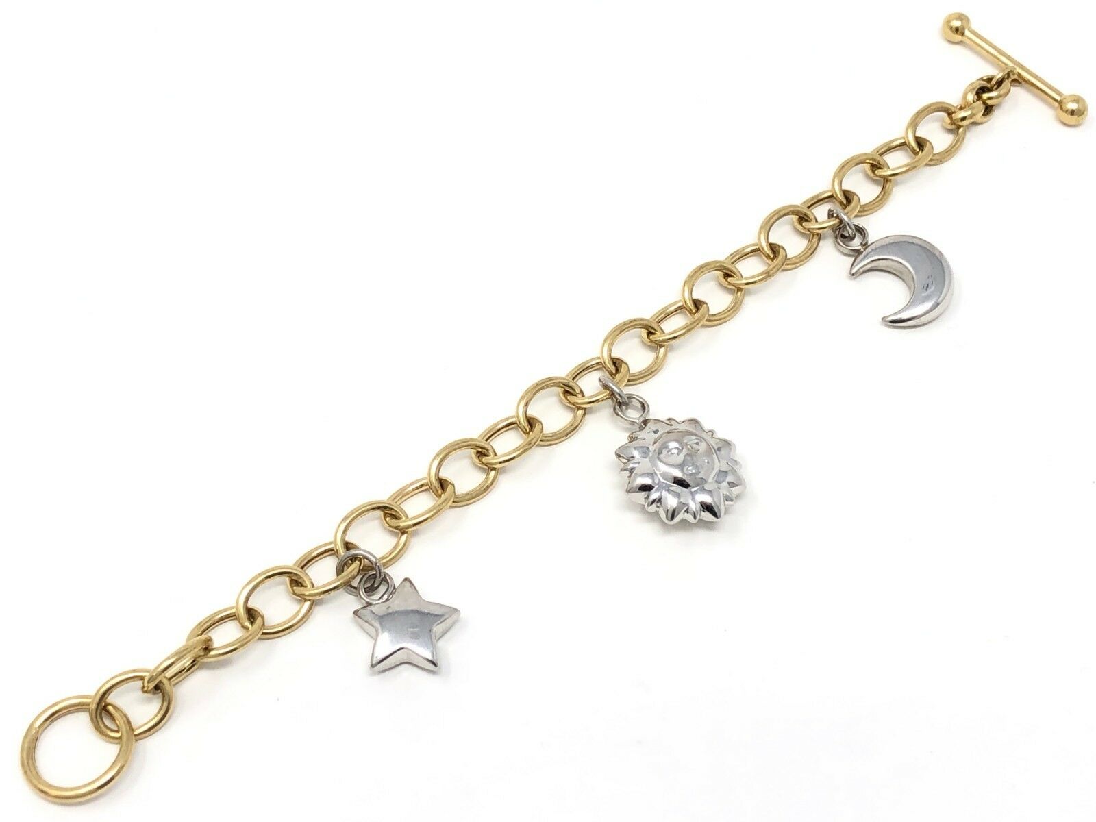 14k Two Tone Gold Moon Sun Star Charm Bracelet Hollow 7.5" 16 grams
