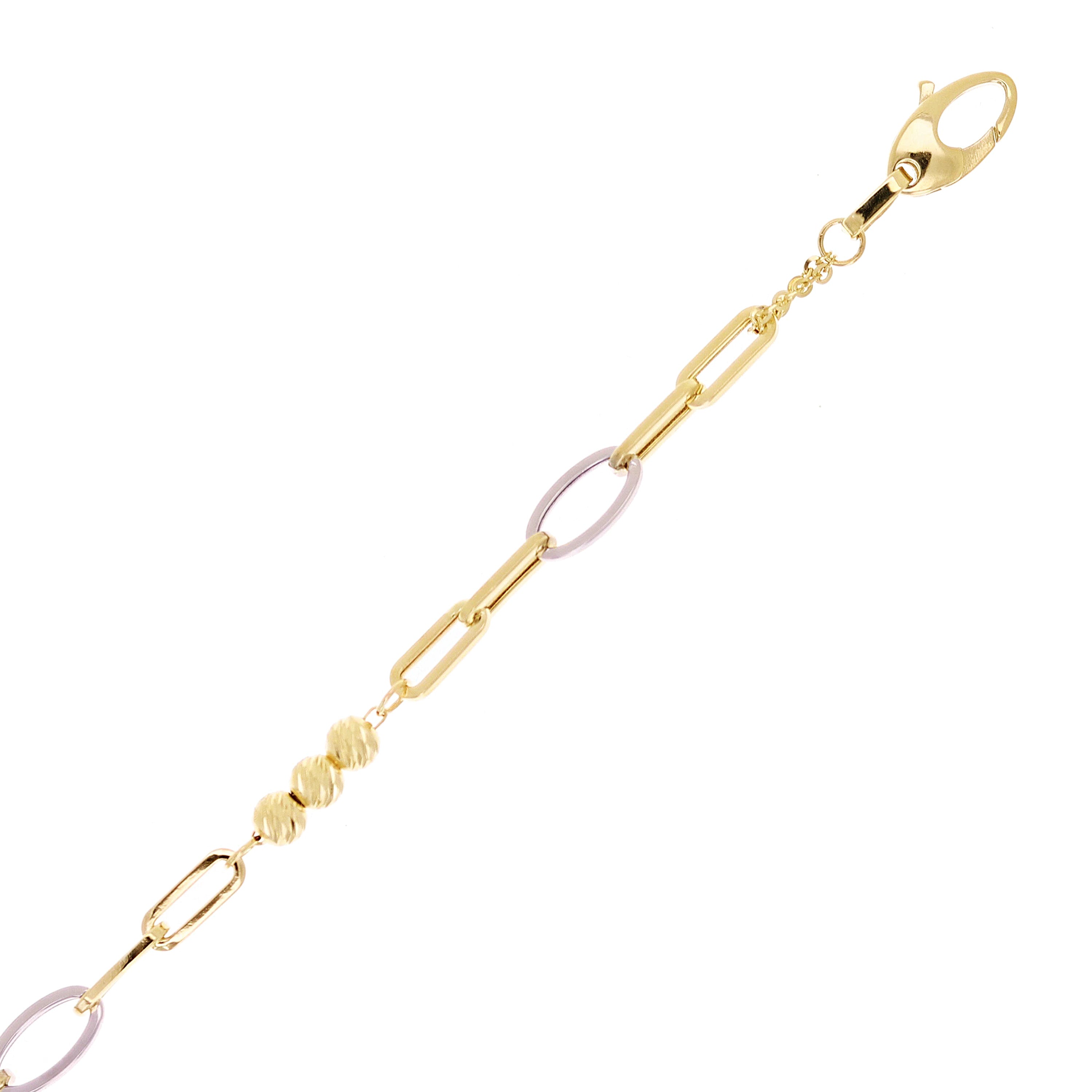 Italian 14k Two Tone Gold Ball Bead & Paper Clip Link Bracelet 7.5" 3.2 grams