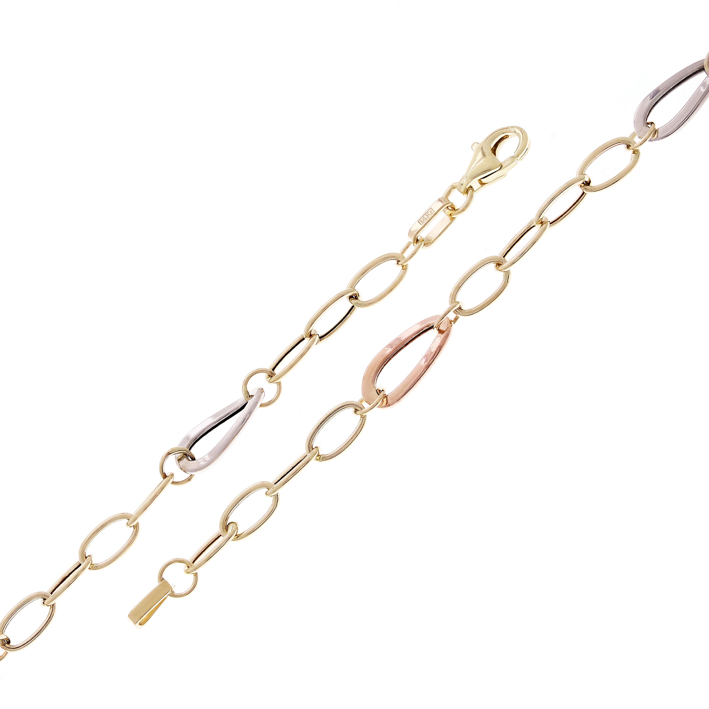 Italian 14k Tri Color Gold Hollow Oval Link Bracelet 7.5" 6mm 2.3 grams