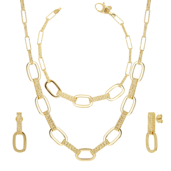 Italian 14k Yellow Gold Oval Links Necklace, Bracelet & Earrings Set 22.1 grams