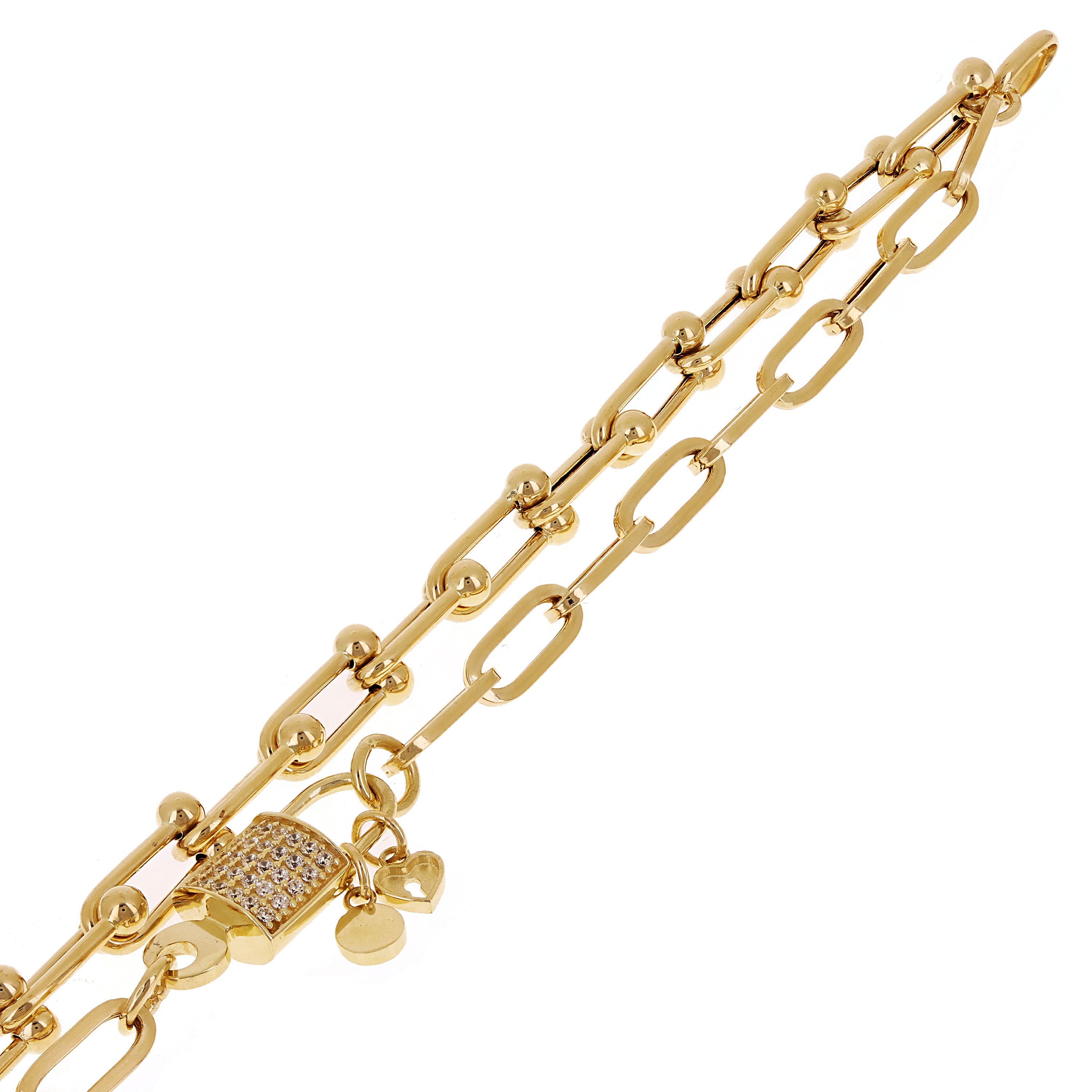 Italian 14k Yellow Gold Double Link U Shape Hardwear & Paper Clip Bracelet 7.75" - 7.8" 12.7 grams