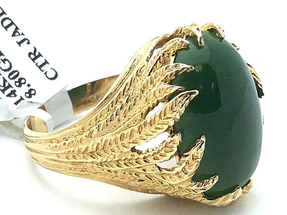 14k Yellow Gold Green Jade Cabochon Cocktail Ring Size 8.5 8.8 grams