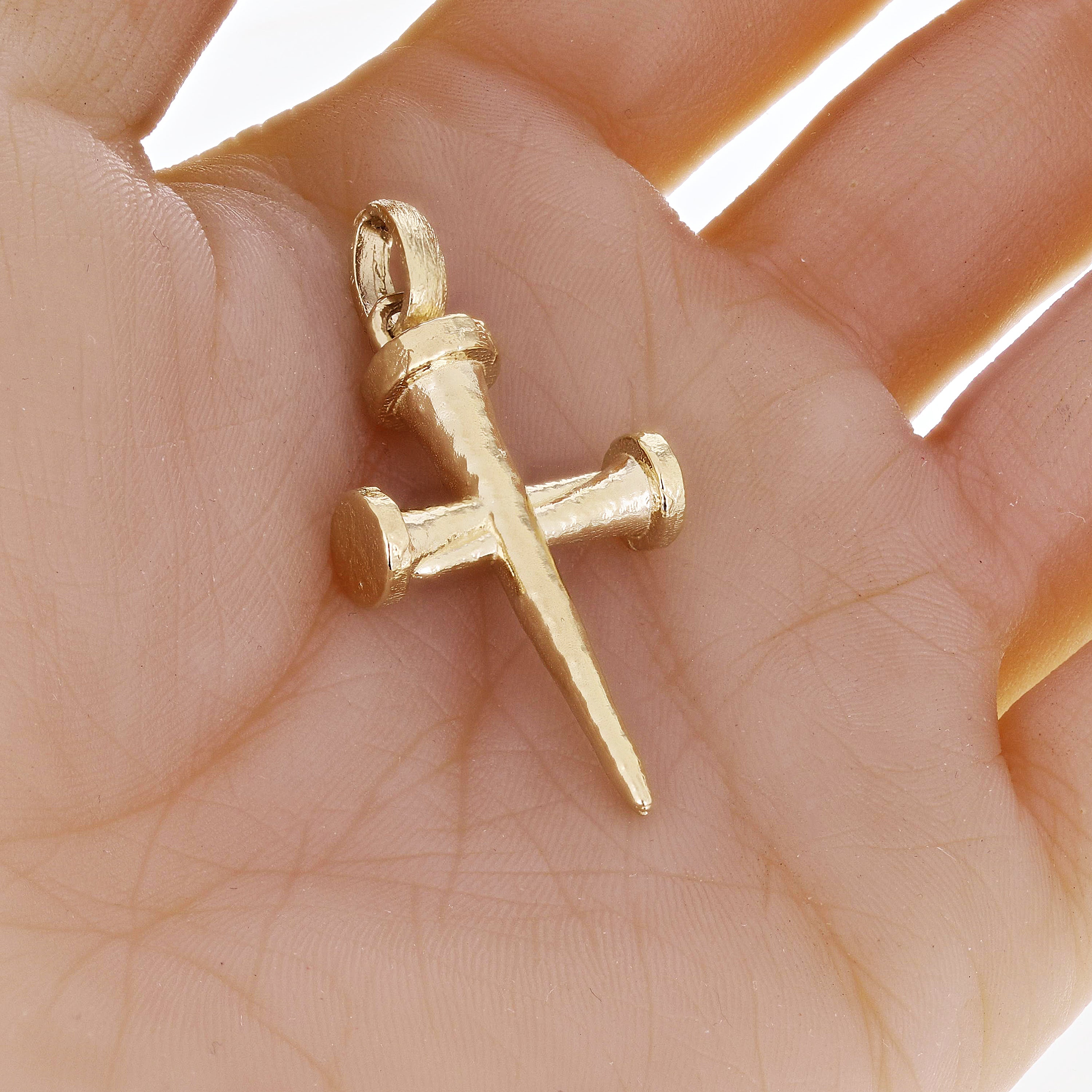 14k Yellow Gold Solid Nail Cross Charm Pendant 1.8" 12.6 grams