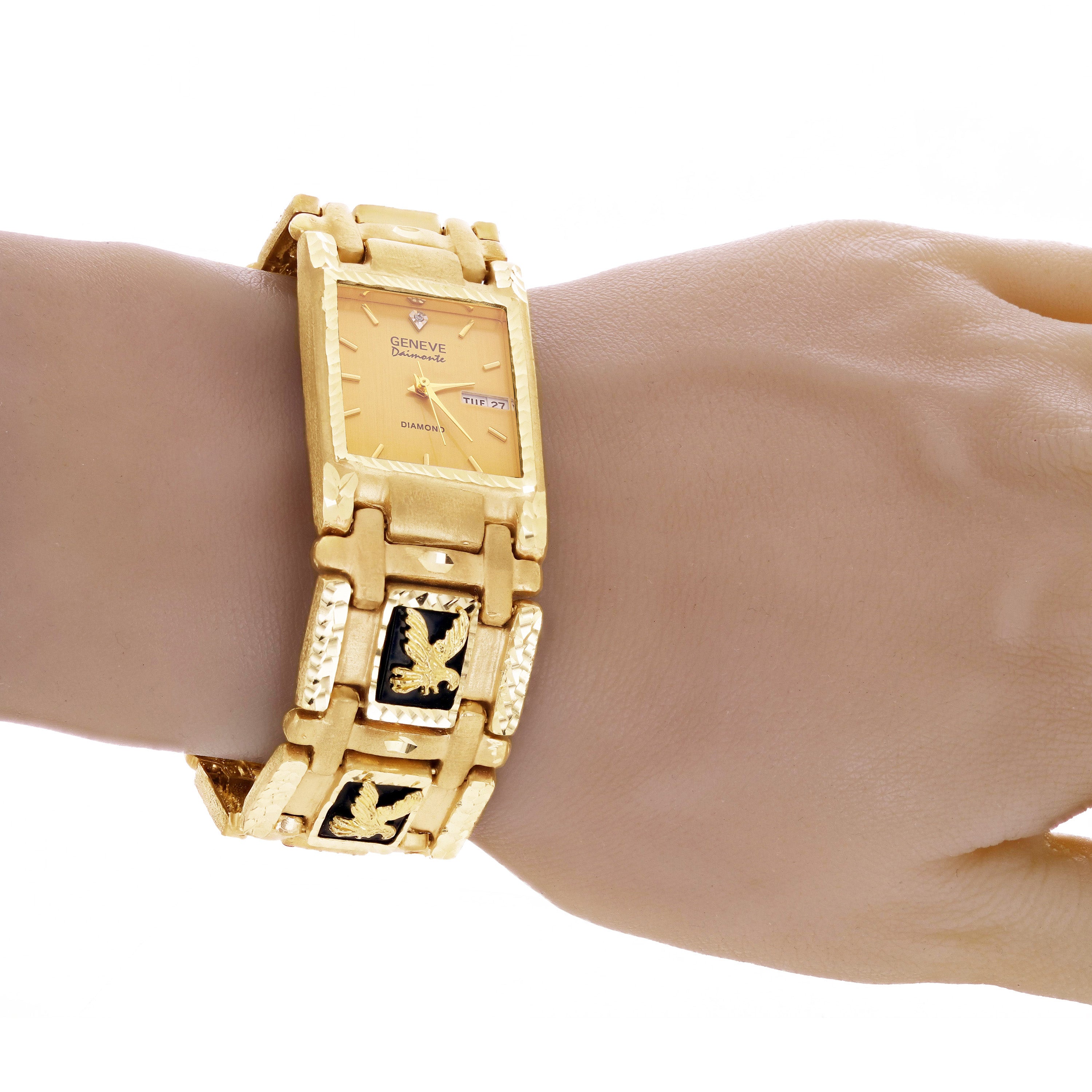 14k Yellow Gold Watch Band Eagle&Black Onyx Geneve Diamond Watch 7.5" 73.4 grams - With Seconds 7.5" 73.4 grams