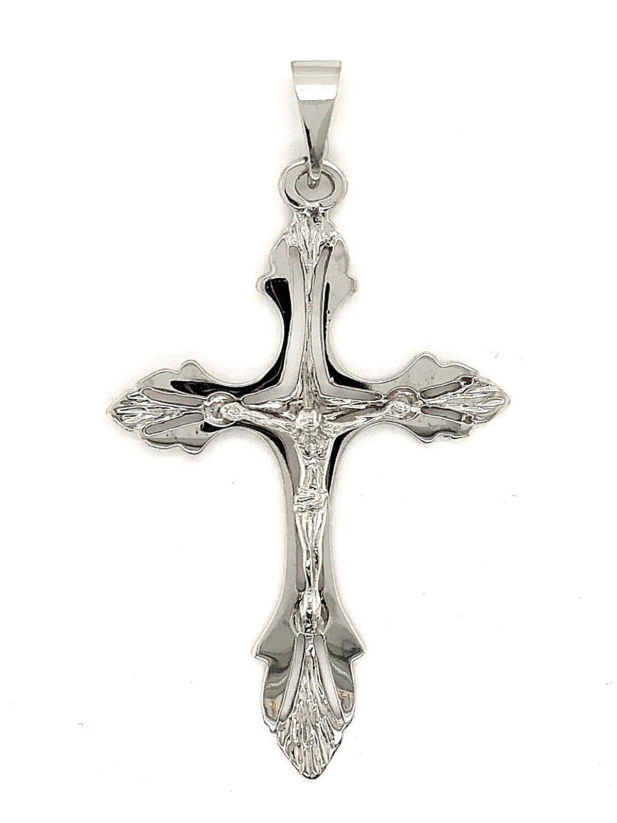 10k White Gold Solid Religious Jesus Crucifix Cross Charm Pendant 2" 4.8 grams