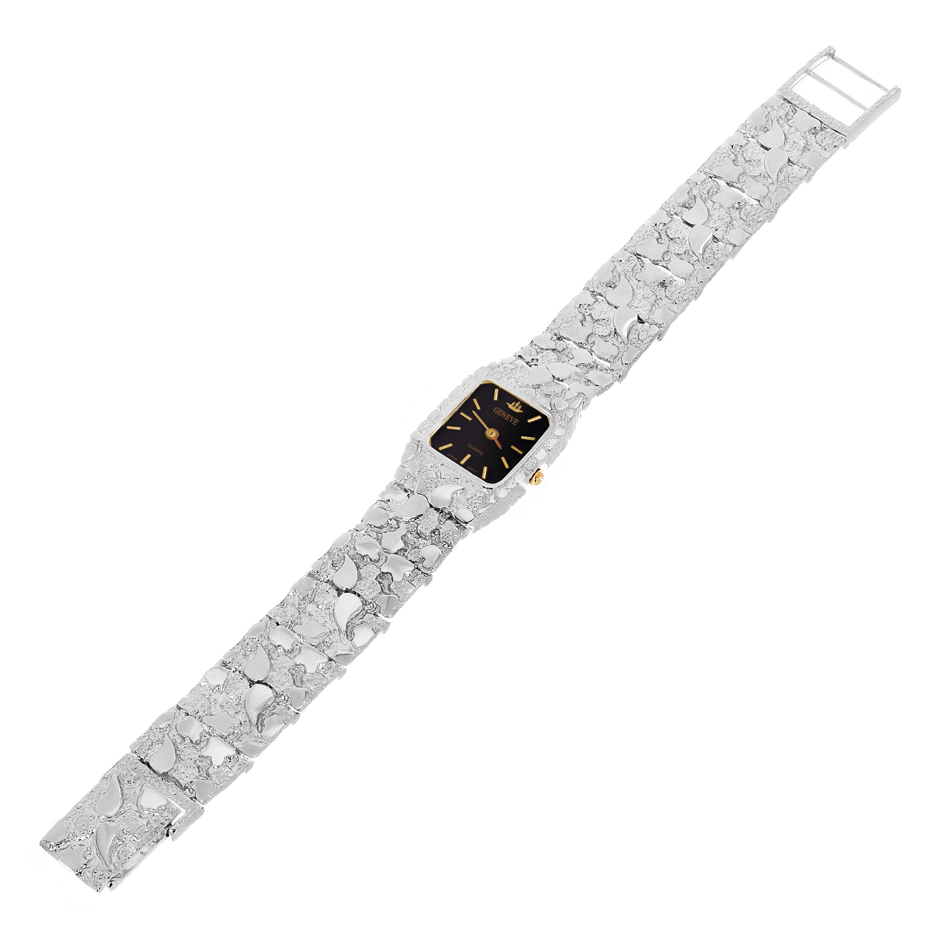 Women's Sterling Silver Nugget Link Bracelet Geneve Wrist Watch 7-7.5" 39.6grams - Black faceplate 7.5" 39.6 grams