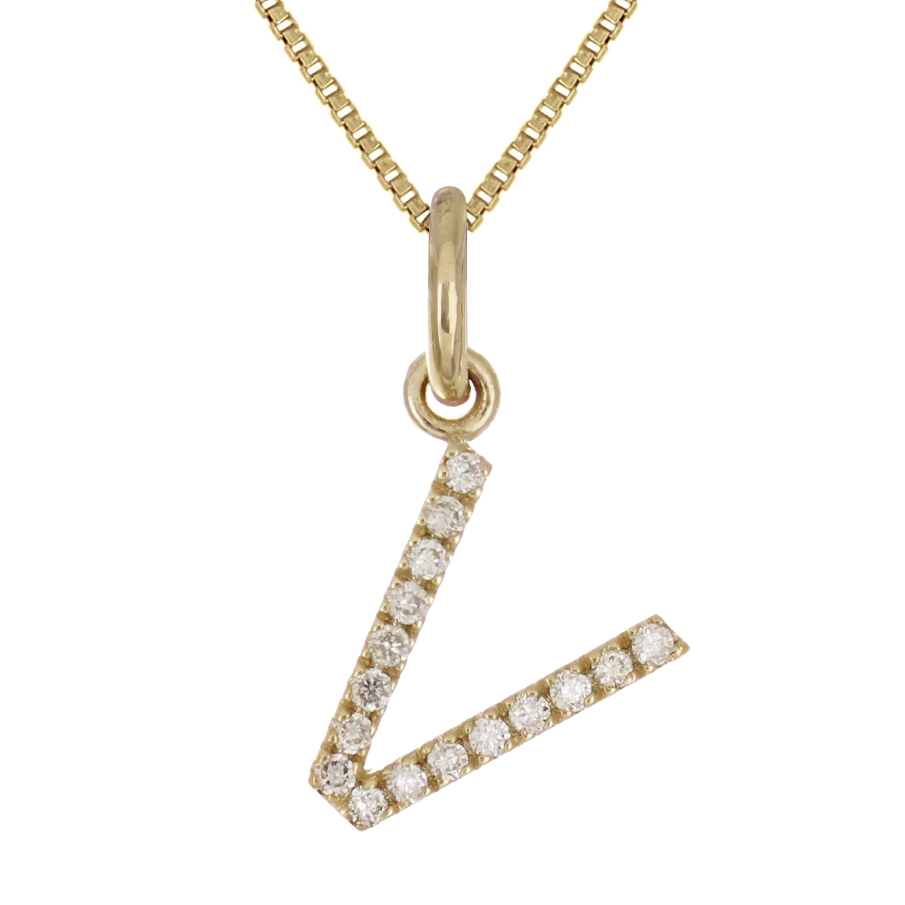 14k Yellow Gold Diamond Initial Letter V Charm Pendant Necklace 18" - Letter V,Yellow