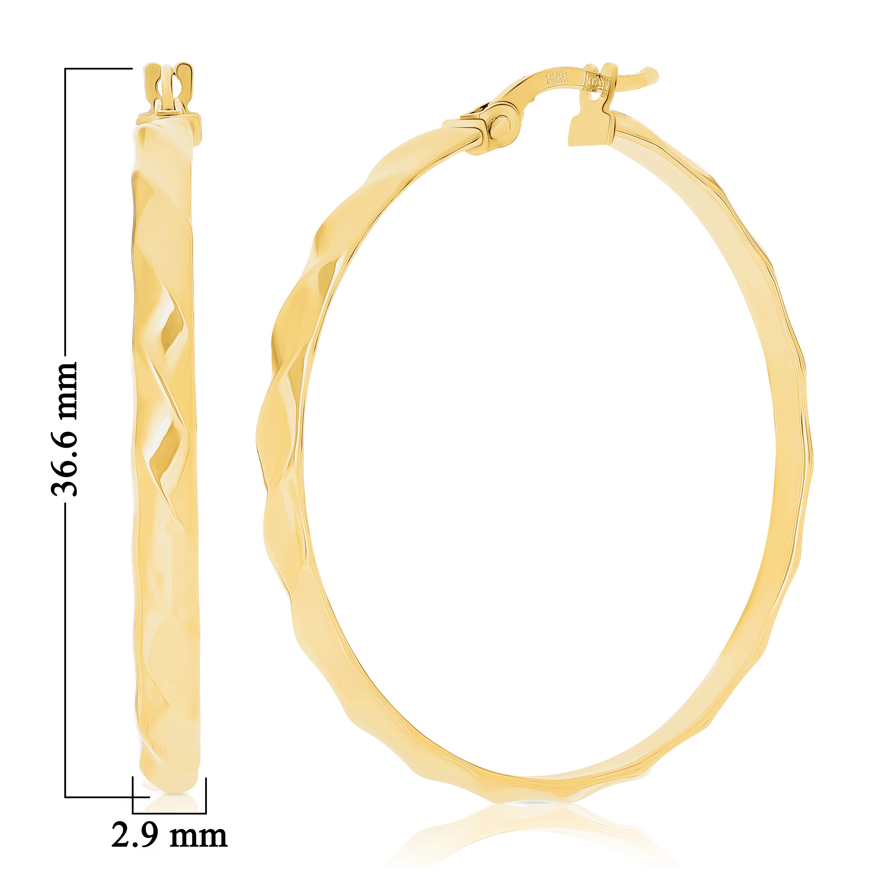 Italian 14k Yellow Gold Diagonal Rope Design Large Hollow Hoop Earrings 1.4"