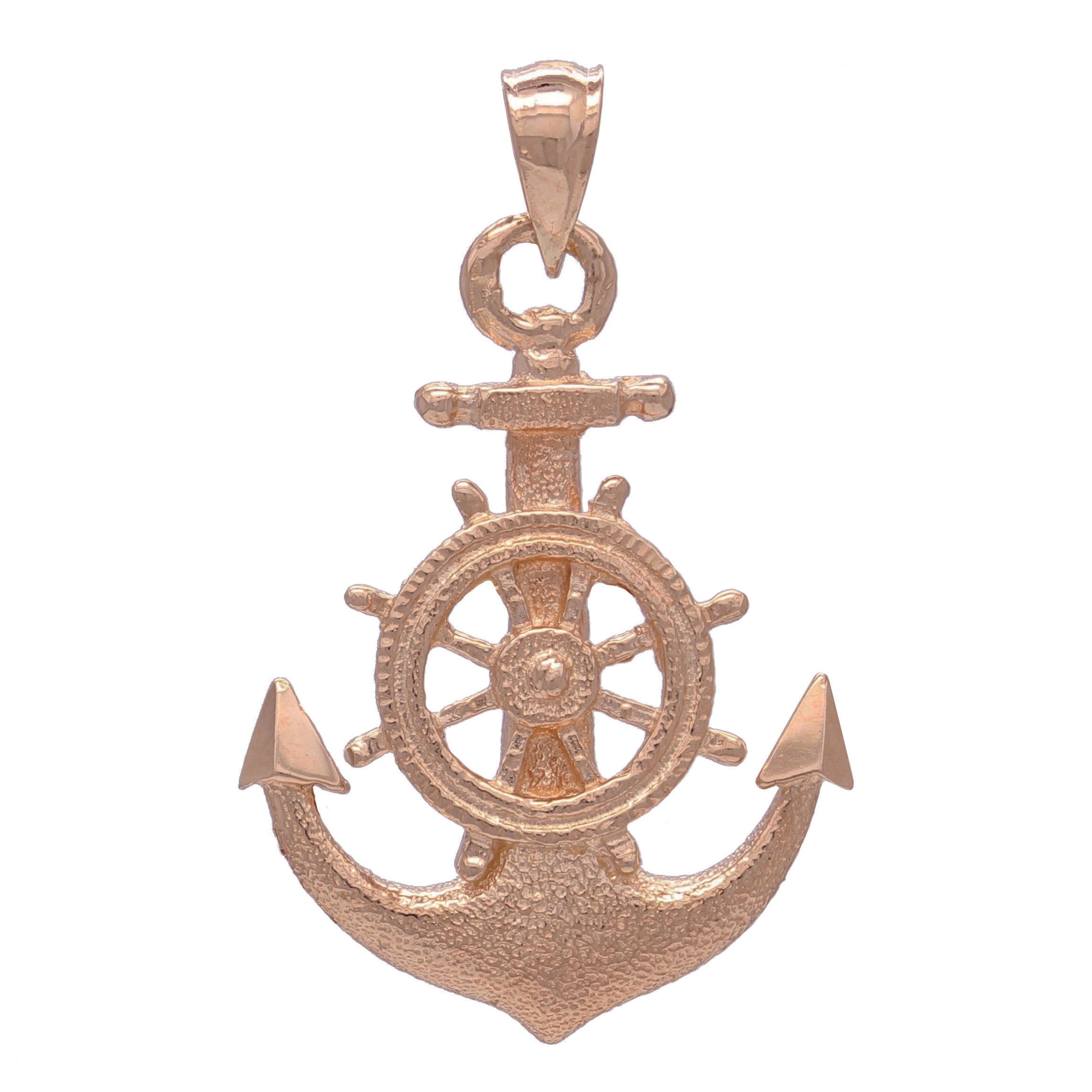 14k Rose Gold Anchor and Ship Wheel Nautical Textured Charm Pendant - Rose