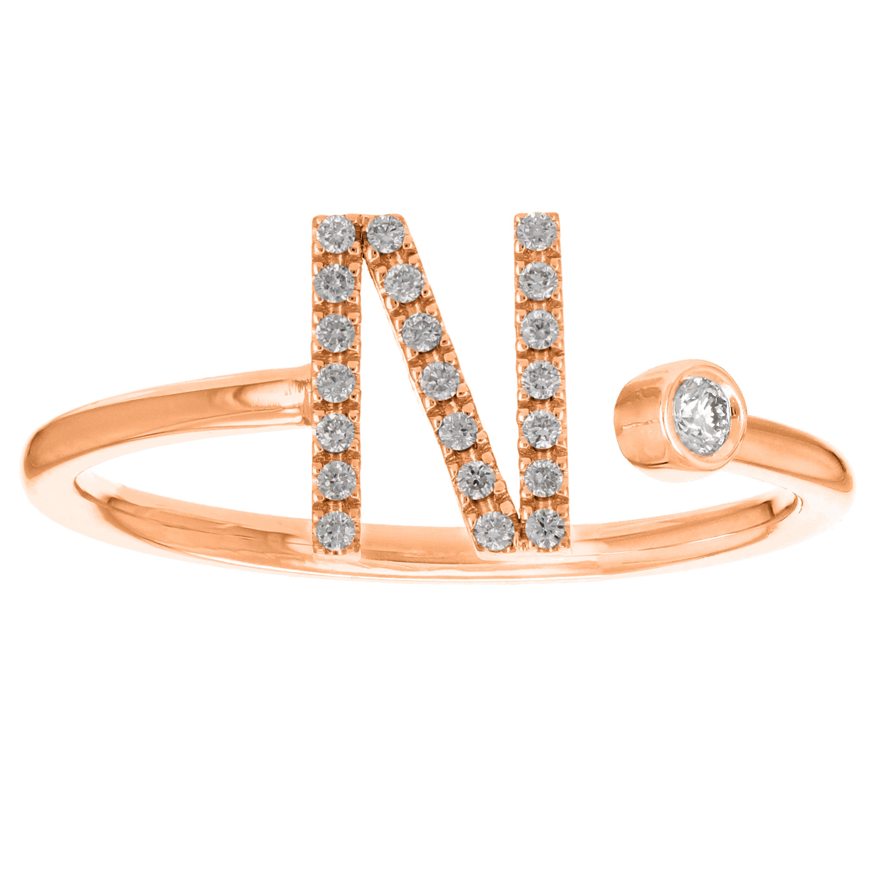 14k Rose Gold Diamond Initial Letter N Ring Size 6 - Letter N,Rose