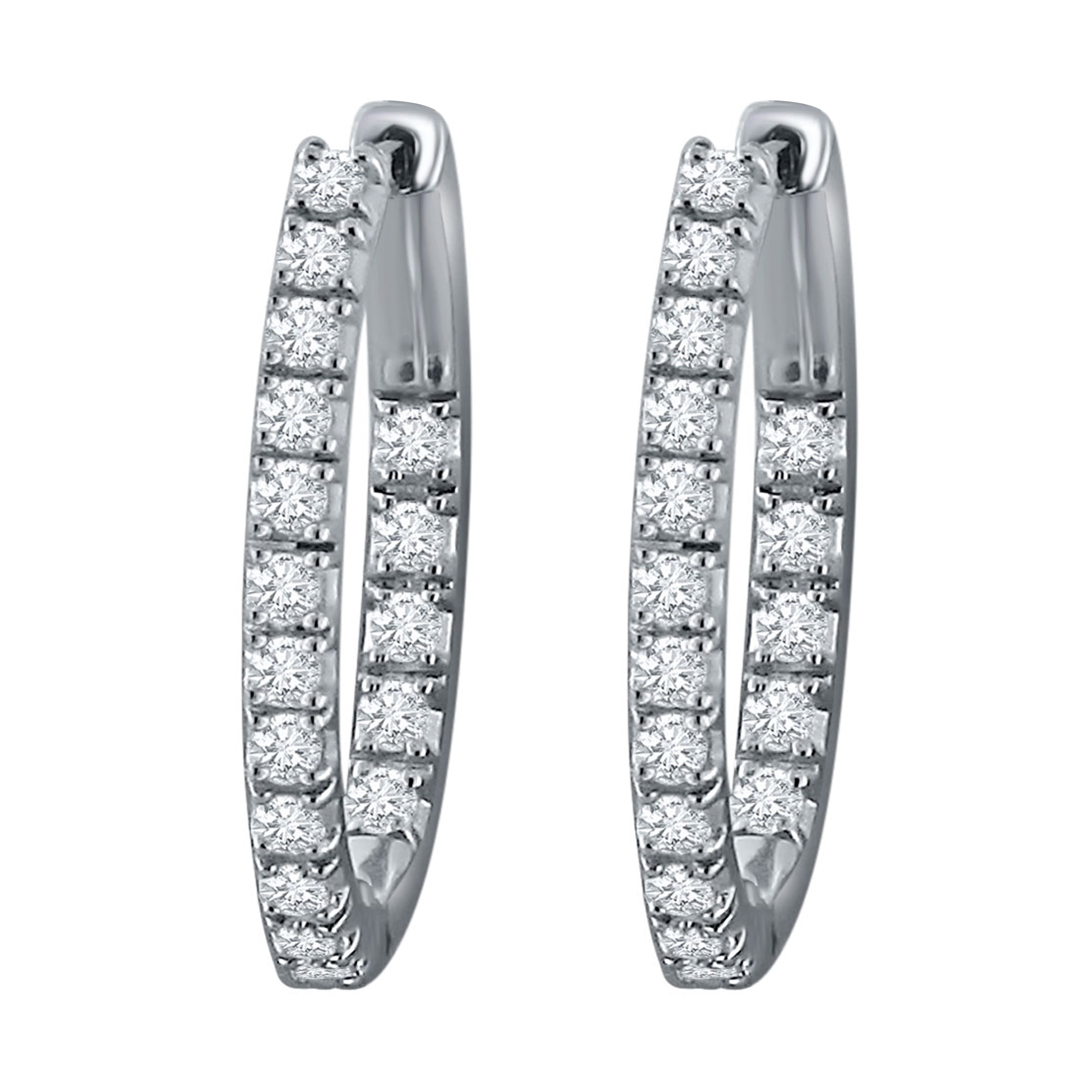 14k White Gold 0.75ctw Diamond Inside Out Oblong Oval Hoop Earrings