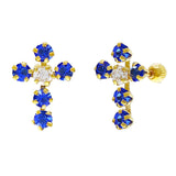 14k Yellow Gold Blue & White Crystal Cross Stud Earrings