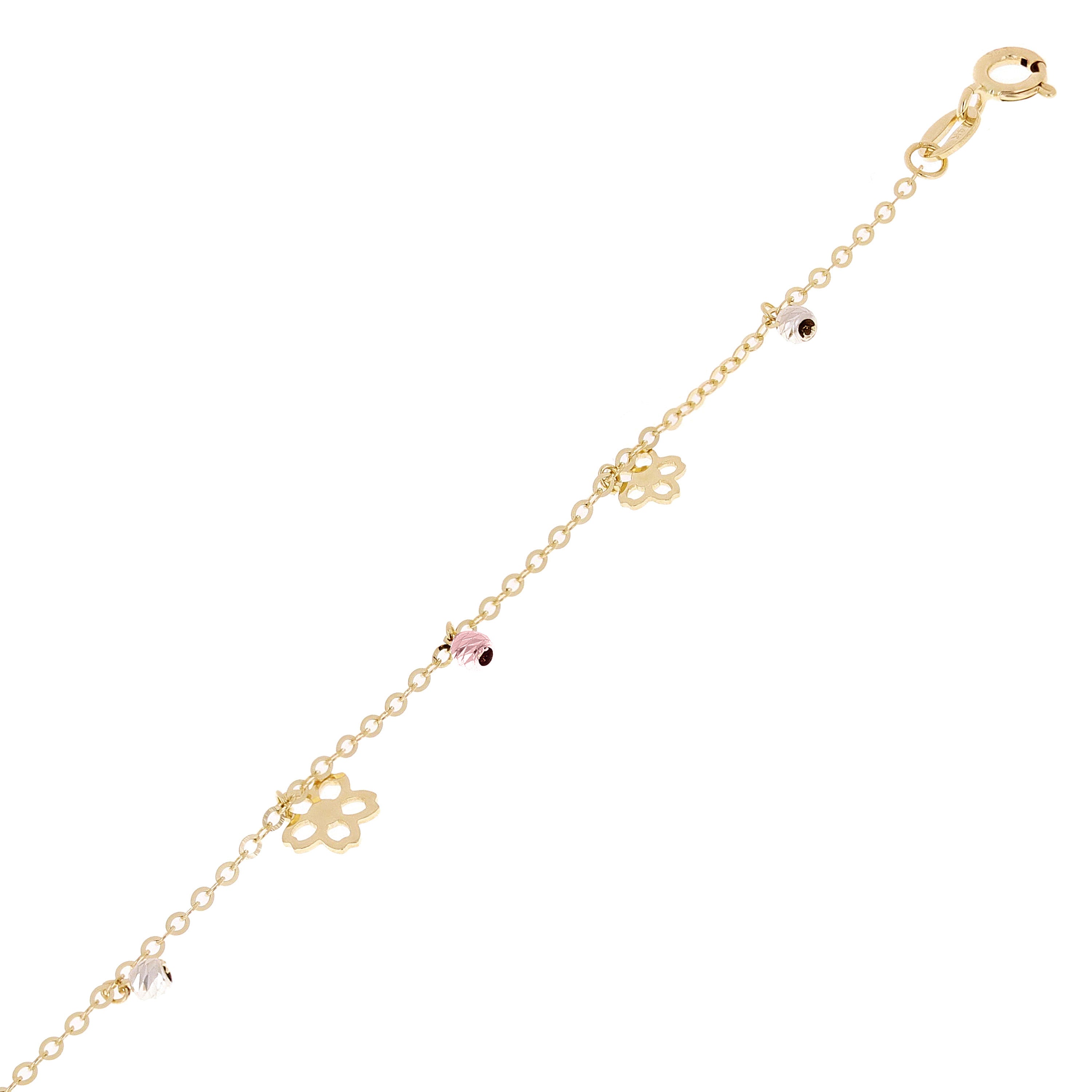 Italian 14k Tri Color Gold Flower & Ball Beads Charm Anklet Bracelet 10" 2 grams - Tri-Color