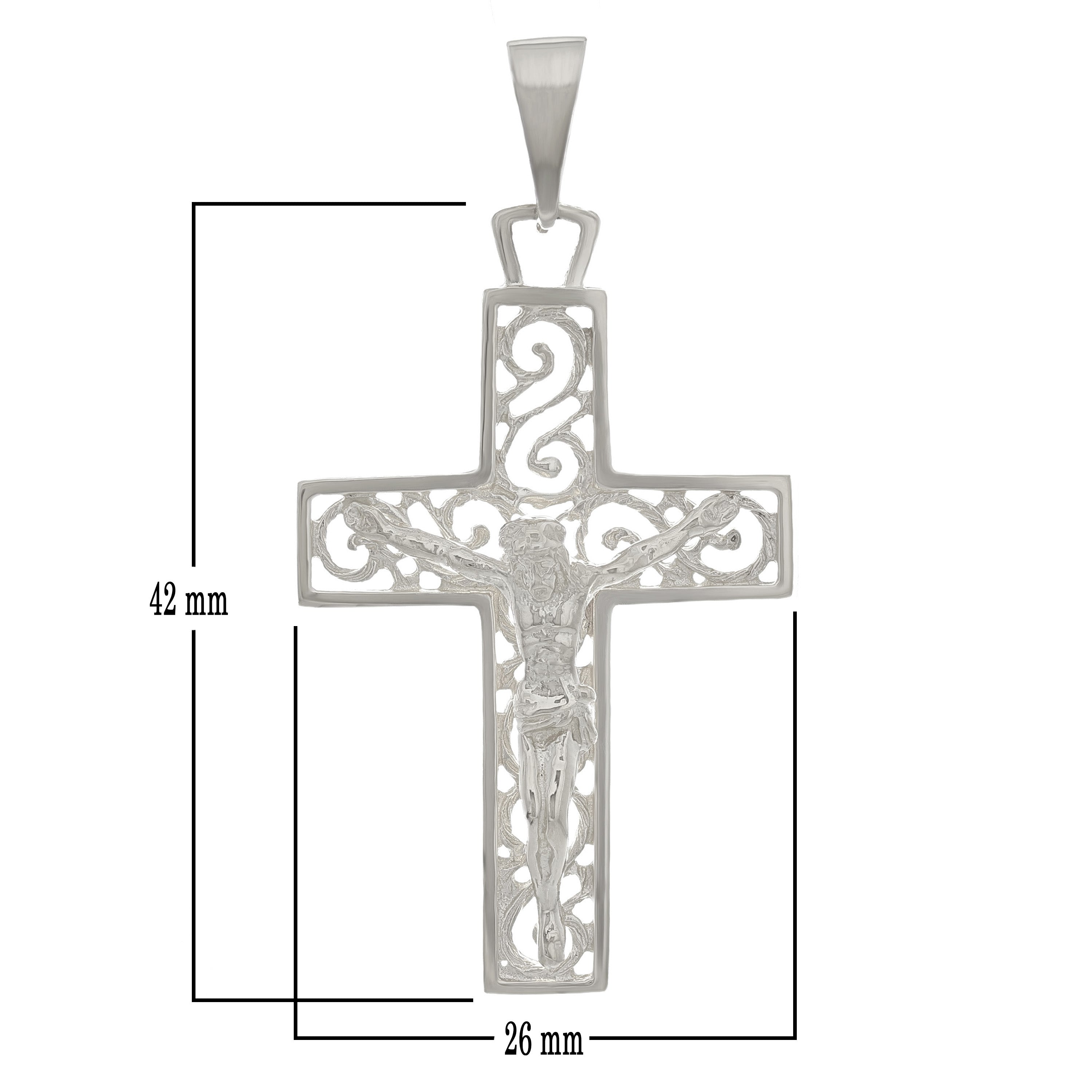 14k White Gold Religious Filigree Crucifix Cross Charm Pendant 2" 5.2 grams - White