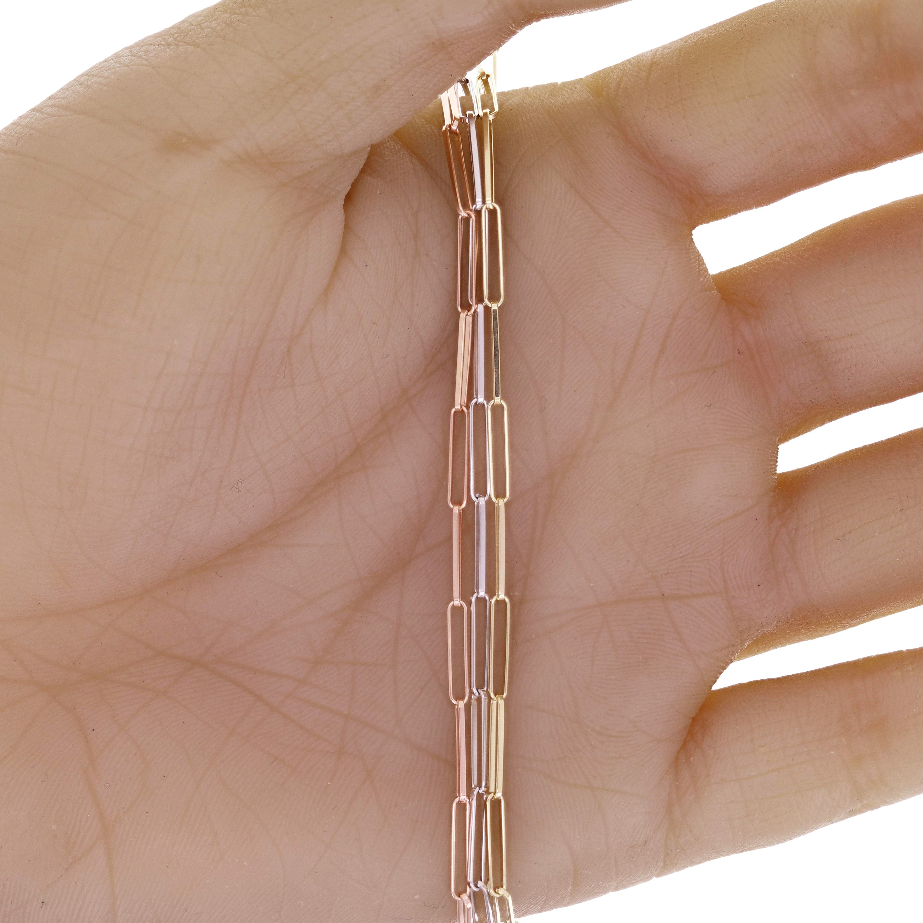 Italian 14k Tri-Color Gold Triple Paper Clip Link Chain Bracelet 7.5" 4.7 grams