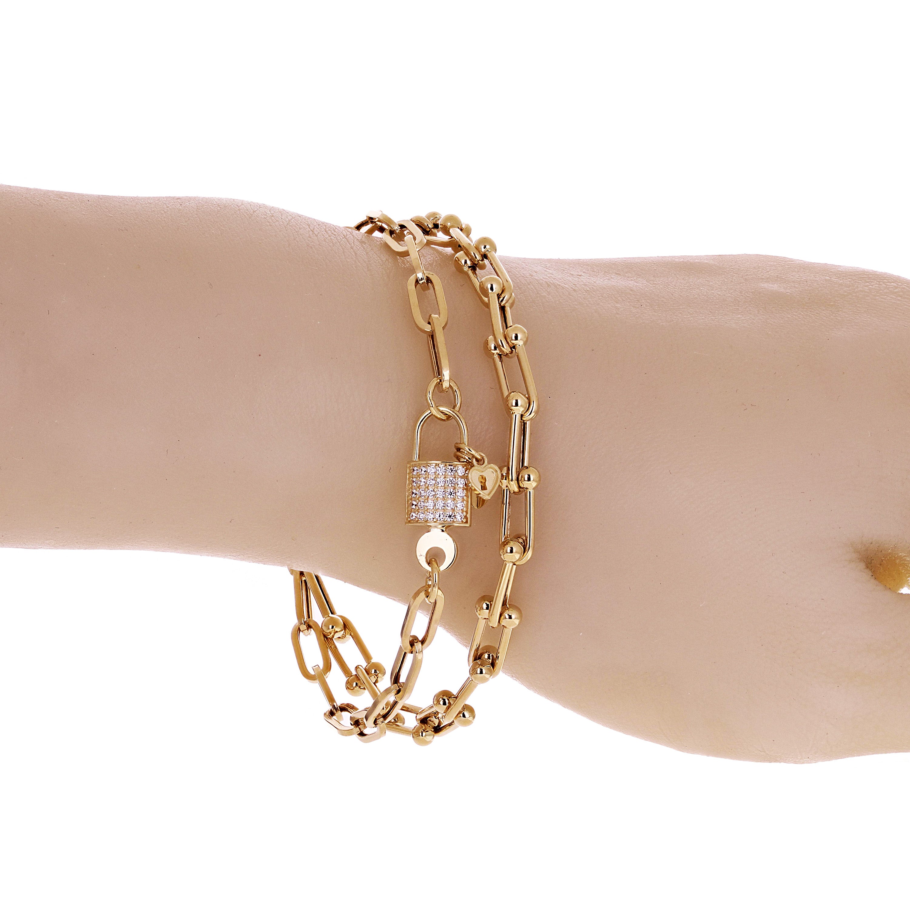 Italian 14k Yellow Gold Double Link U Shape Hardwear & Paper Clip Bracelet 7.75" - 7.8" 12.7 grams