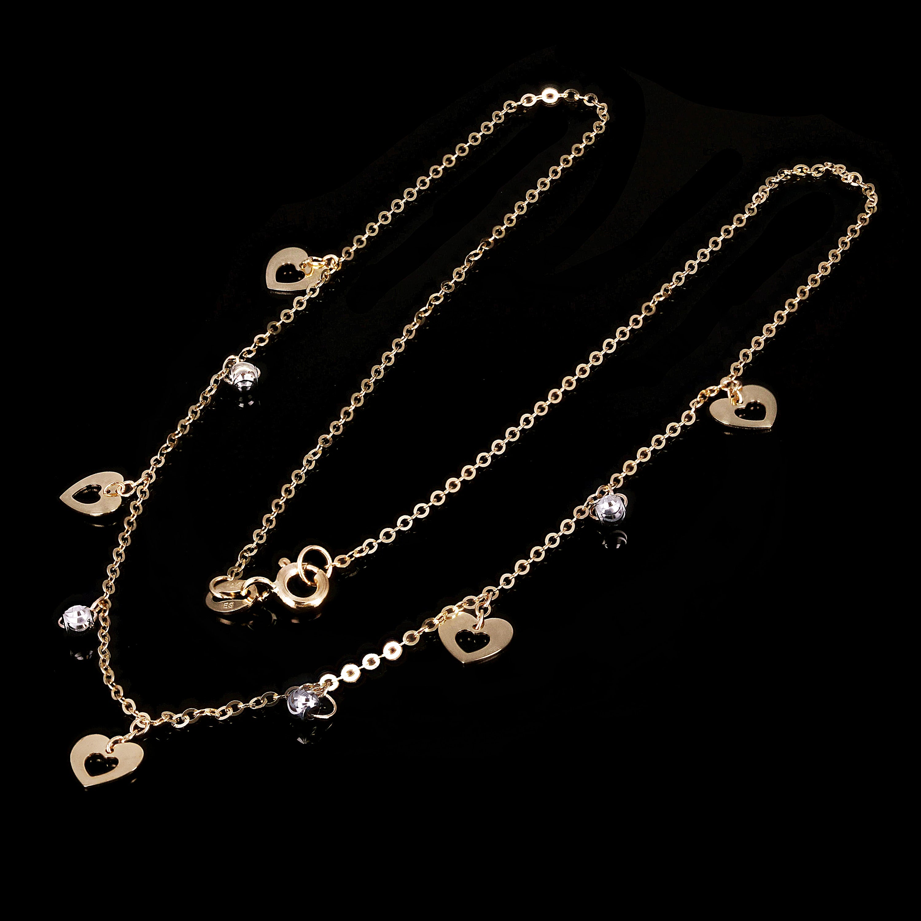 Italian 14k Two Tone Gold Ball Bead & Heart Charm Necklace 16.5" 2.1 grams