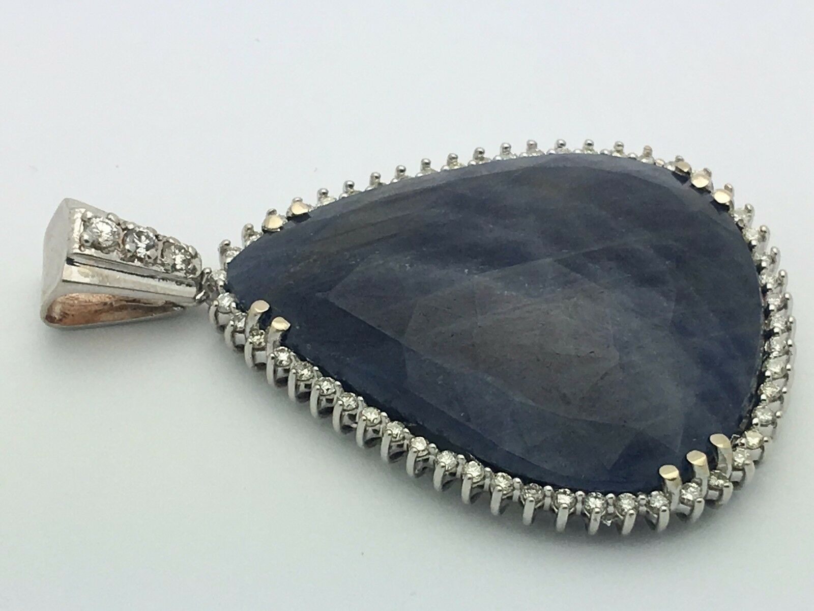 14k White Gold Tear Drop/Pear Shape Blue Sapphire with Diamond Accent Pendant