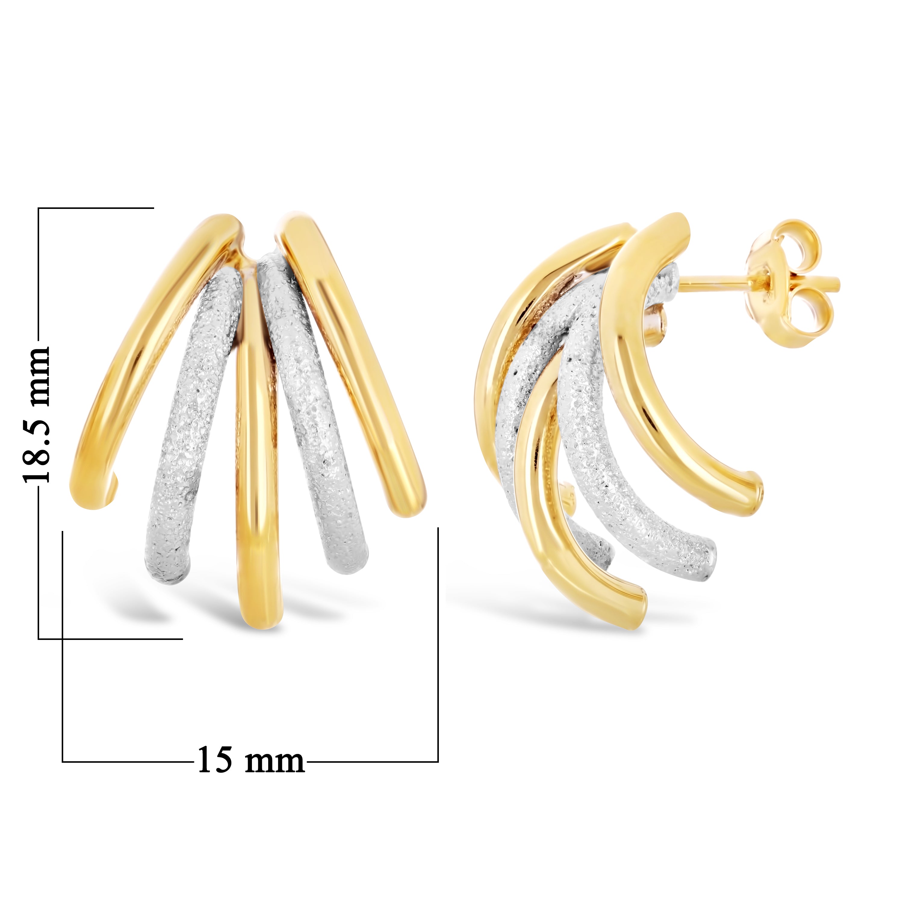 Italian 14k Yellow & White Gold Shiny Macaroni Cuffed Quarter Hoop Stud Earrings - Yellow and White