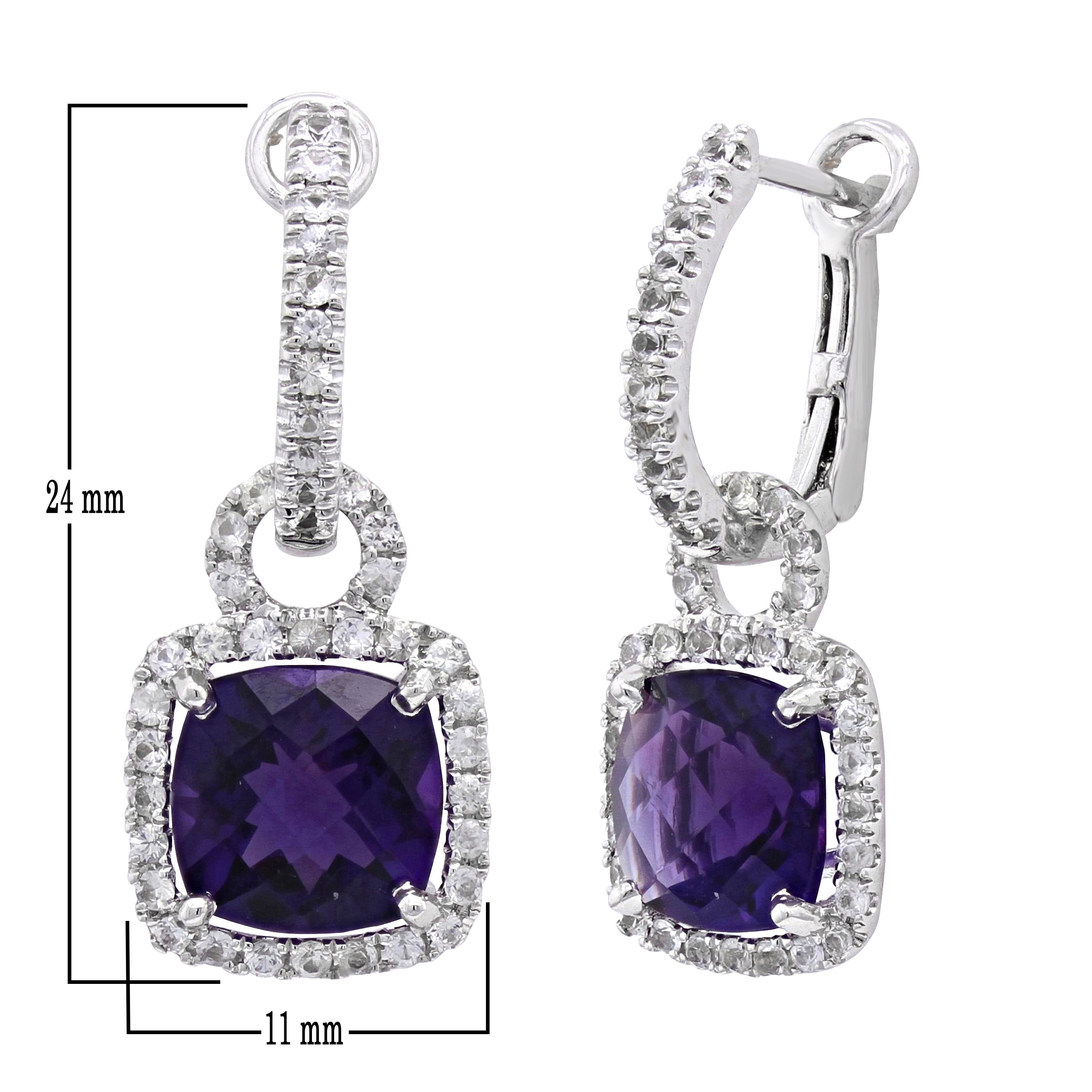 925 Sterling Silver Amethyst Cushion-Shaped Halo Sapphire Convertible Drop Earrings