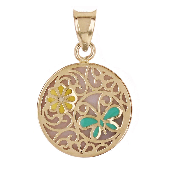 Italian 14k Yellow Gold Flowers & Butterfly Enamel Round Charm Pendant 1.3 grams