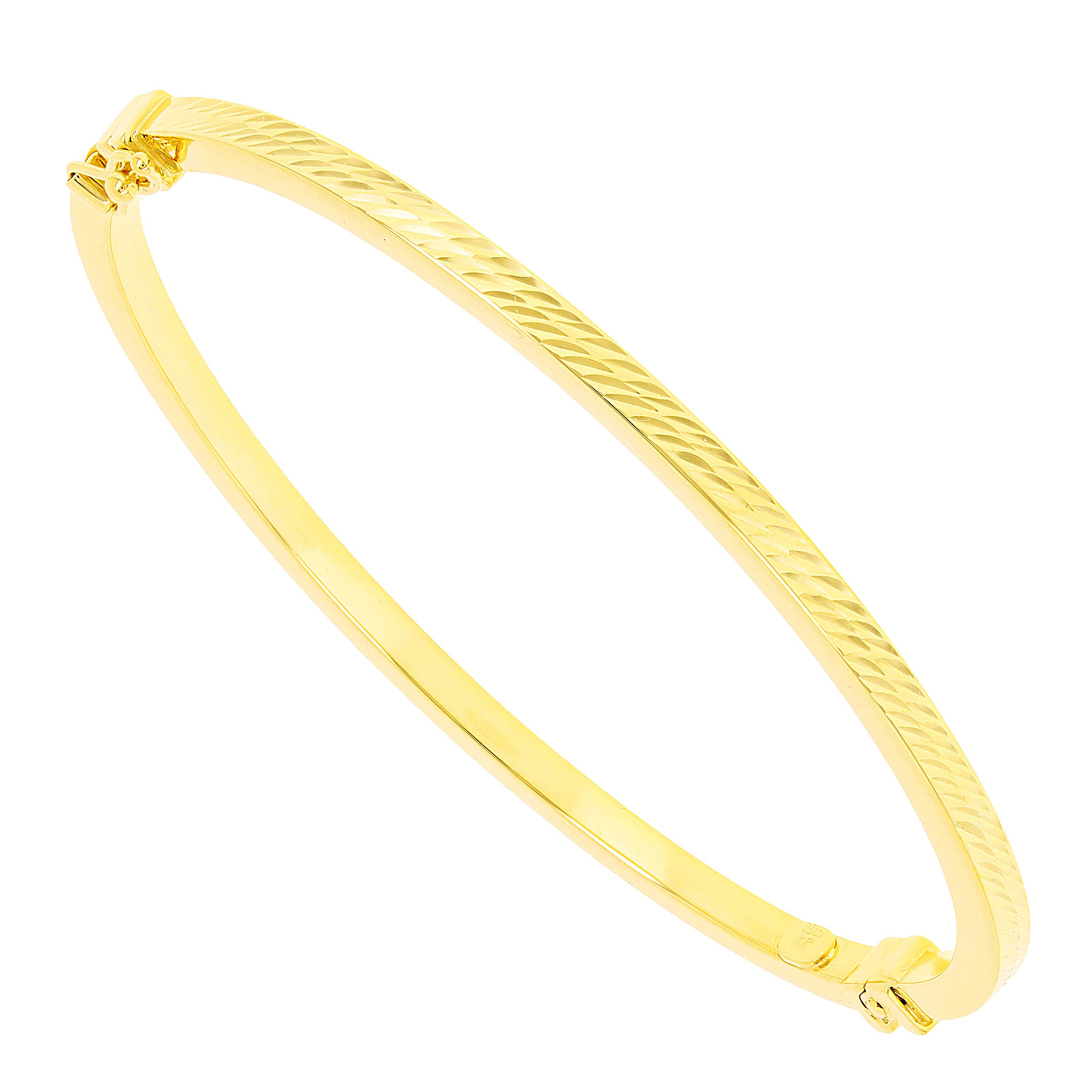 Italian 14k Yellow Gold Hollow Diamond Cut Bangle Bracelet 7" 3mm 4.6 grams