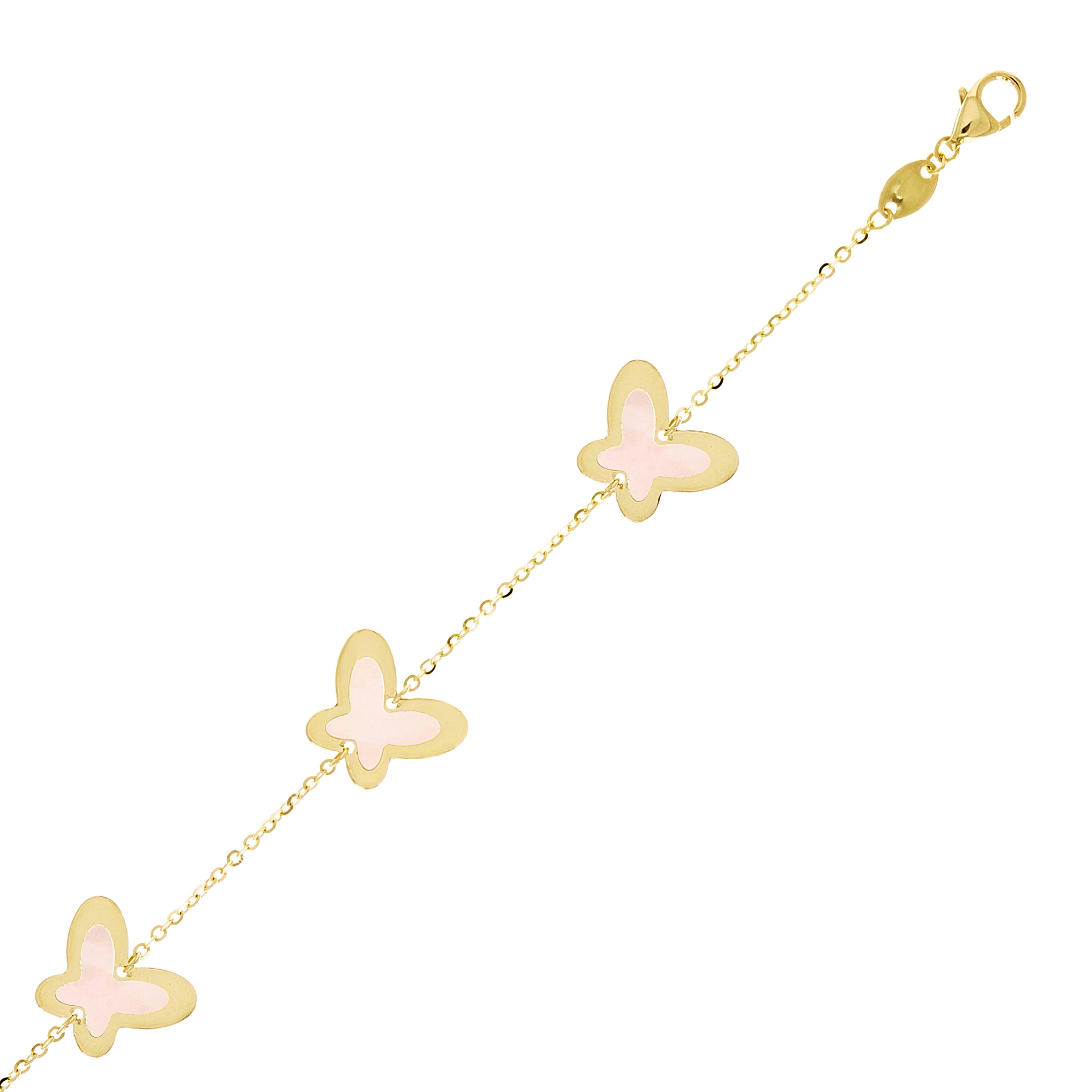 Italian 14k Yellow Gold Pearl BUTTERFLY Charm Station Bracelet 7.5" 11.5mm 3.2 grams