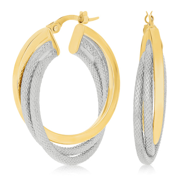 Italian 14k Yellow & White Gold Lattice & Shine Triple Entwined Hoop Earrings