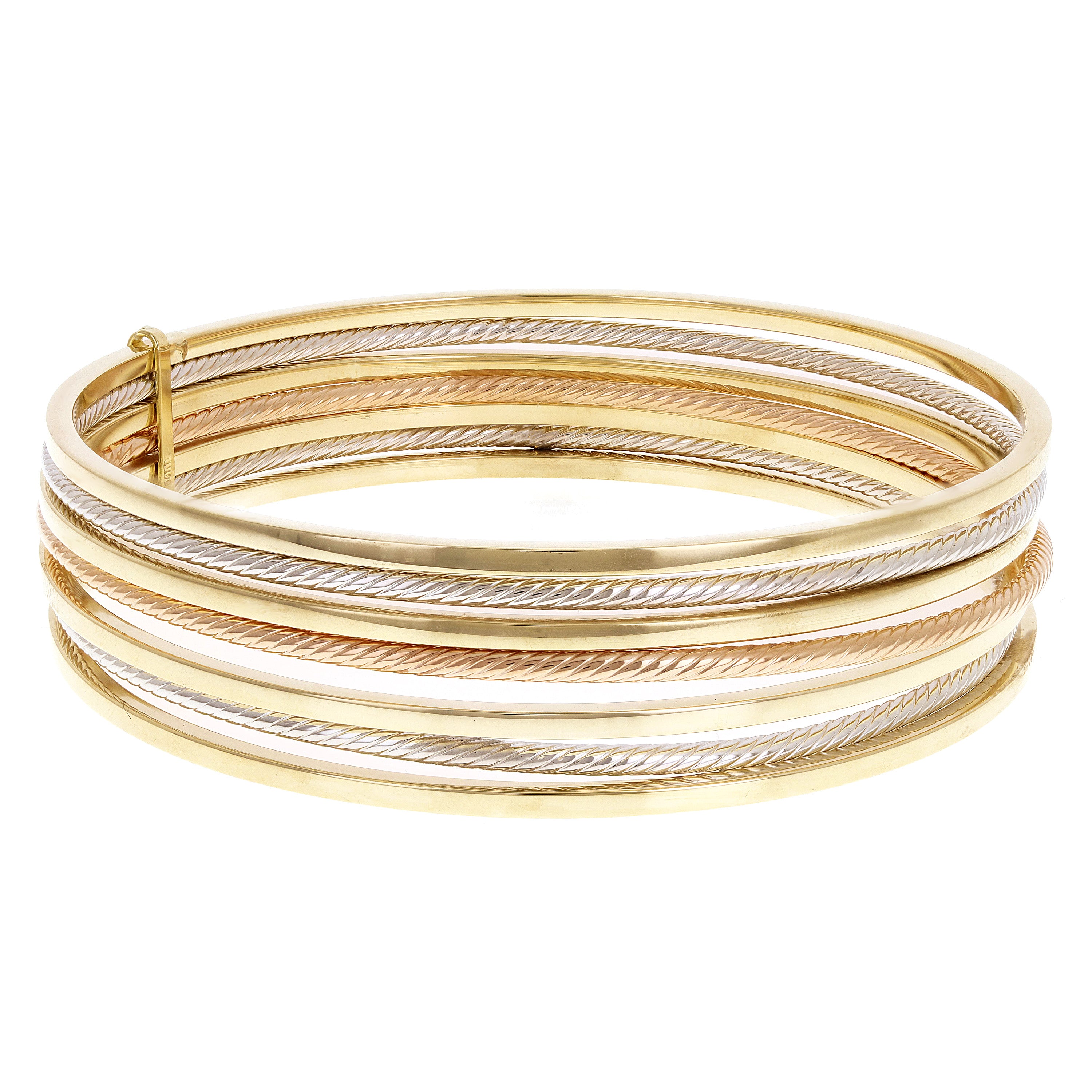 Italian 14k Tri-Color Gold Slip-on Set of 7 Textured 7 Day Bangle Bracelet 8" 14 grams