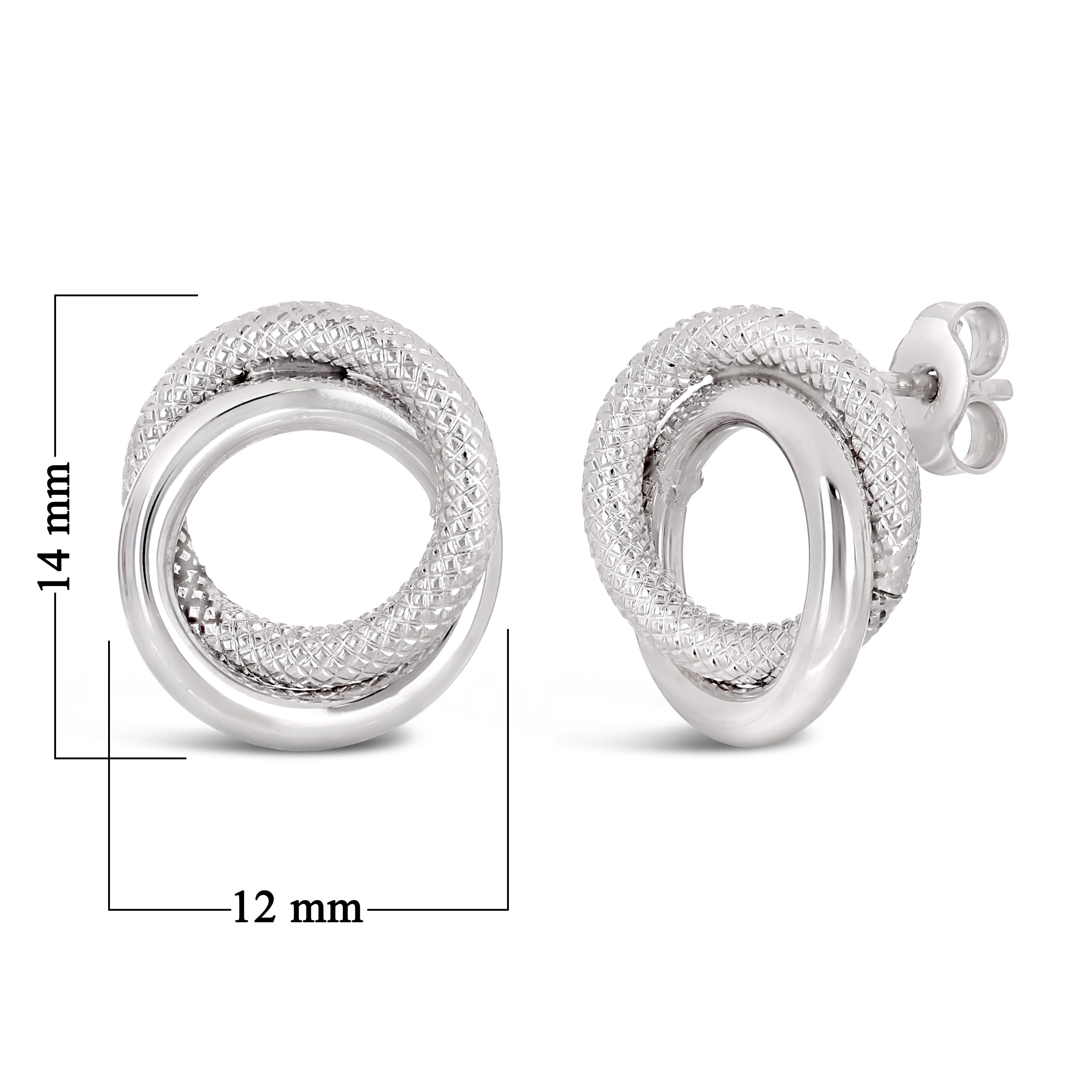 Italian 14k White Gold Rope Shiny Double Eternity Circle Knot Stud Earrings - White