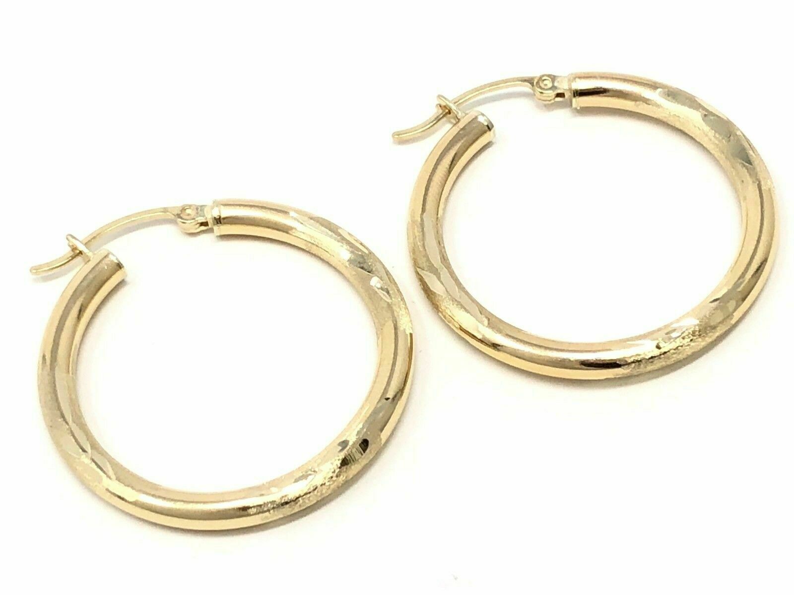 14k Yellow Gold Hollow Diamond Cut Round Hoop Loop Earrings 1.2" 3.1mm 2.4 grams