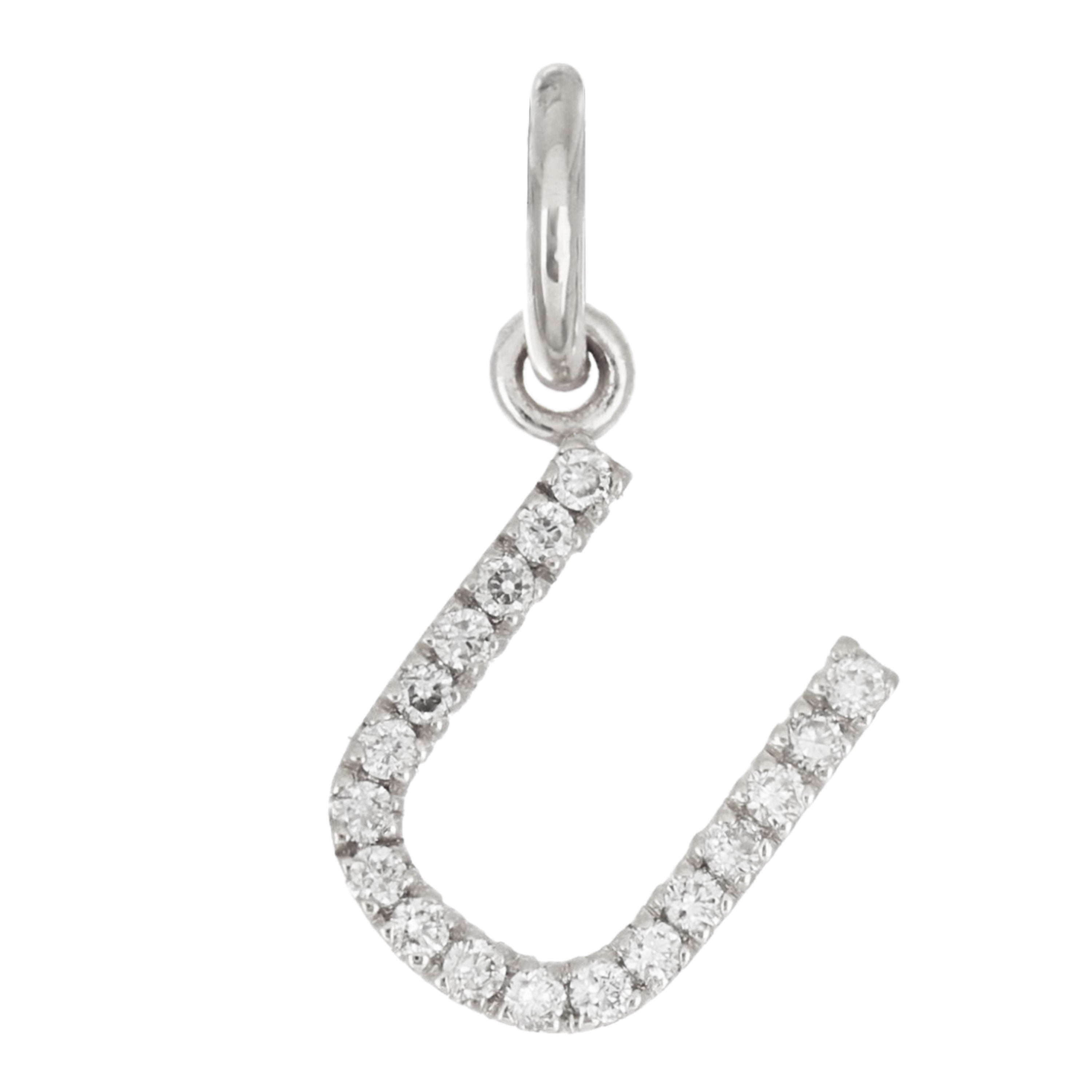 14k White Gold Diamond Initial Letter U Charm Pendant - Letter U,White