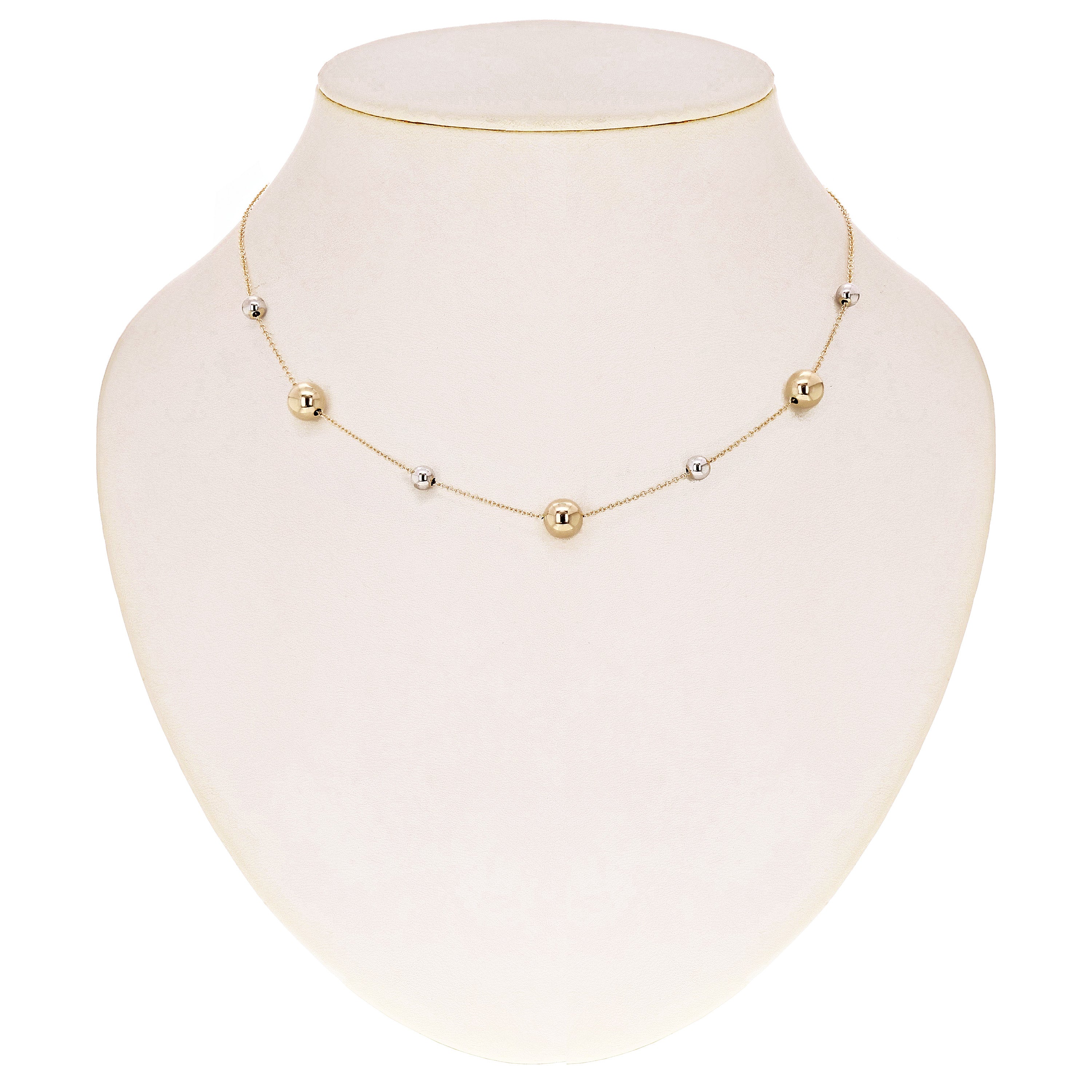 Italian 14k Yellow & White Gold Bead Station Chain Necklace 16" 8mm 3.1 grams
