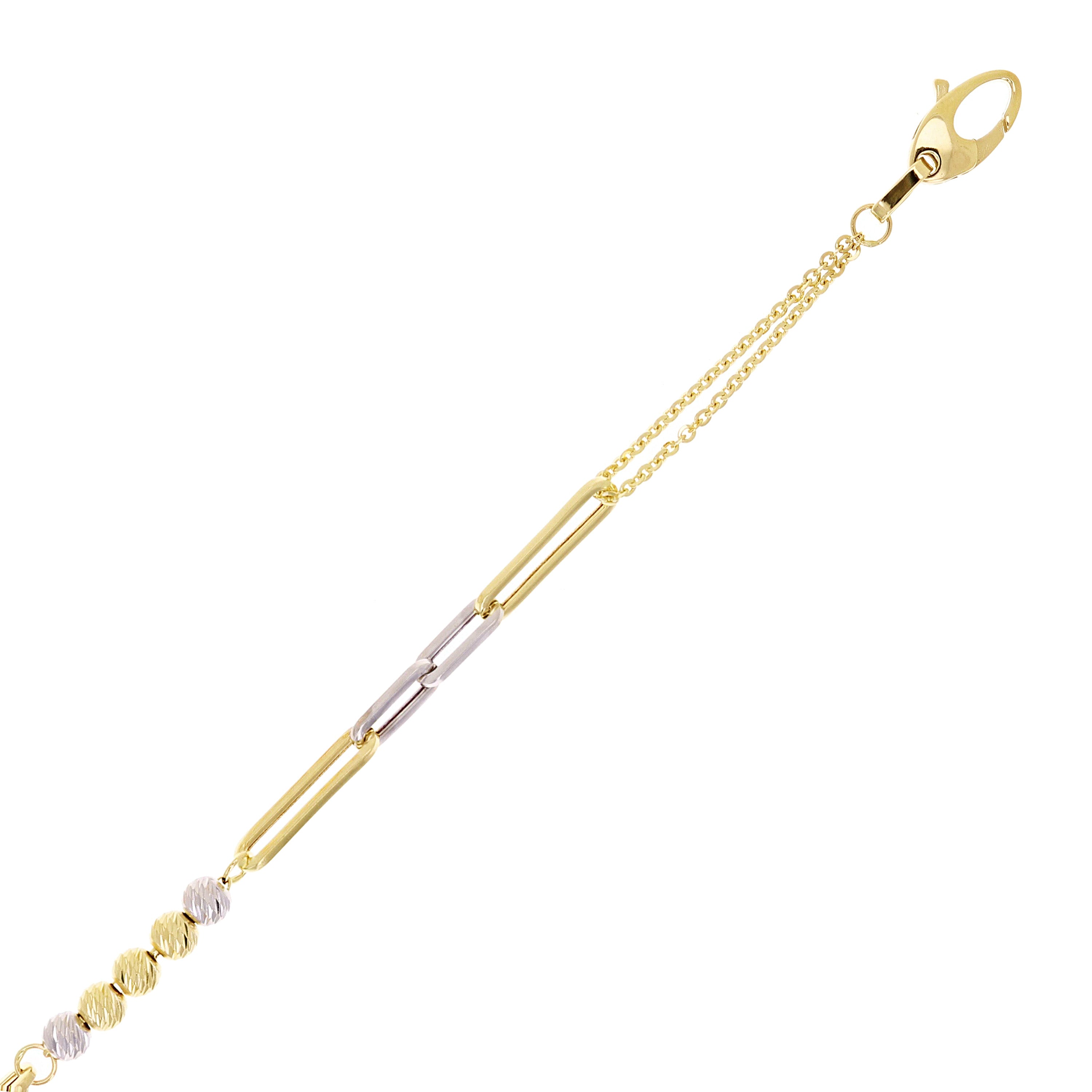 Italian 14k Two Tone Gold Ball Bead & Paper Clip Link Bracelet 7.5" 3 grams