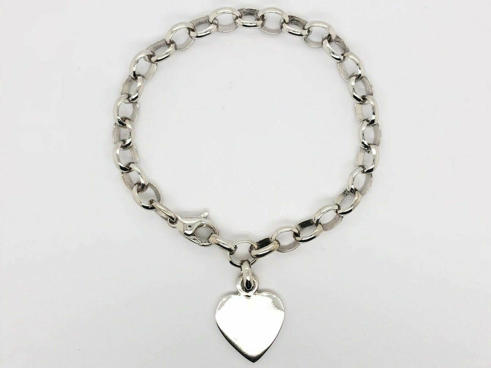 14k White Gold Rolo Link Chain Heart Charm Bracelet 7.5" 17 grams