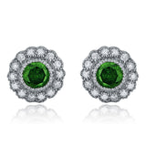 14k White Gold 0.80ctw Green White Diamond Round Halo Cluster Stud Earrings - Green and White
